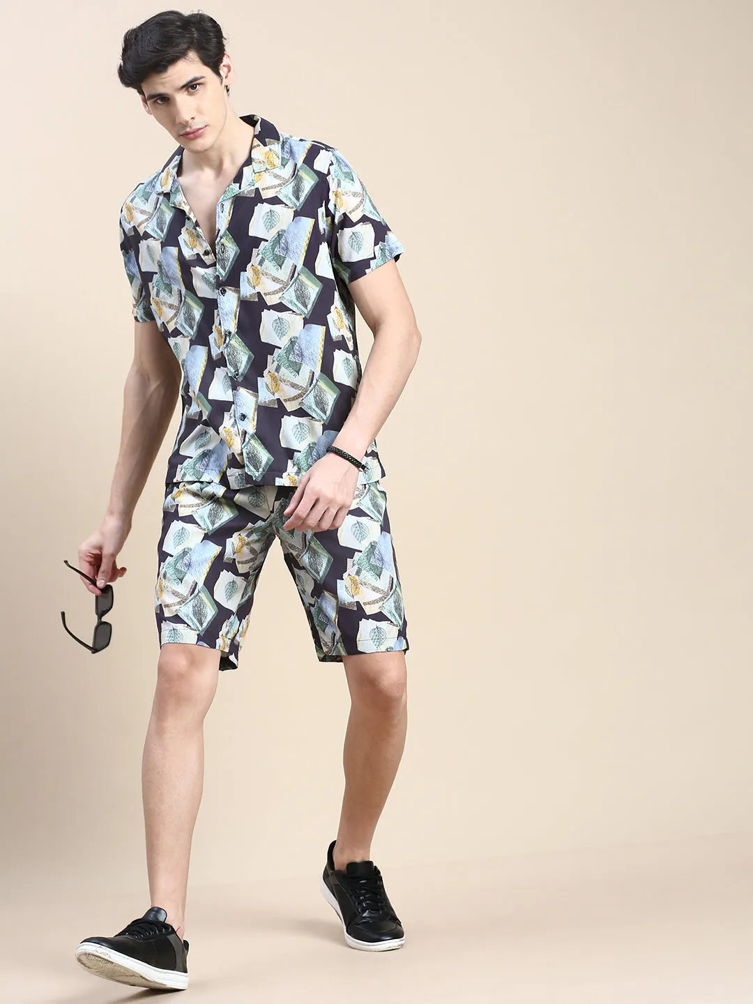 Men Multi Shirt Collar Abstract Printed Shirt & Shorts Co-Ords Set