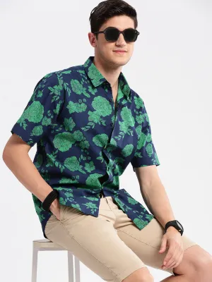 Men Navy Blue Standard Slim Fit Floral Printed Cotton Casual Shirt