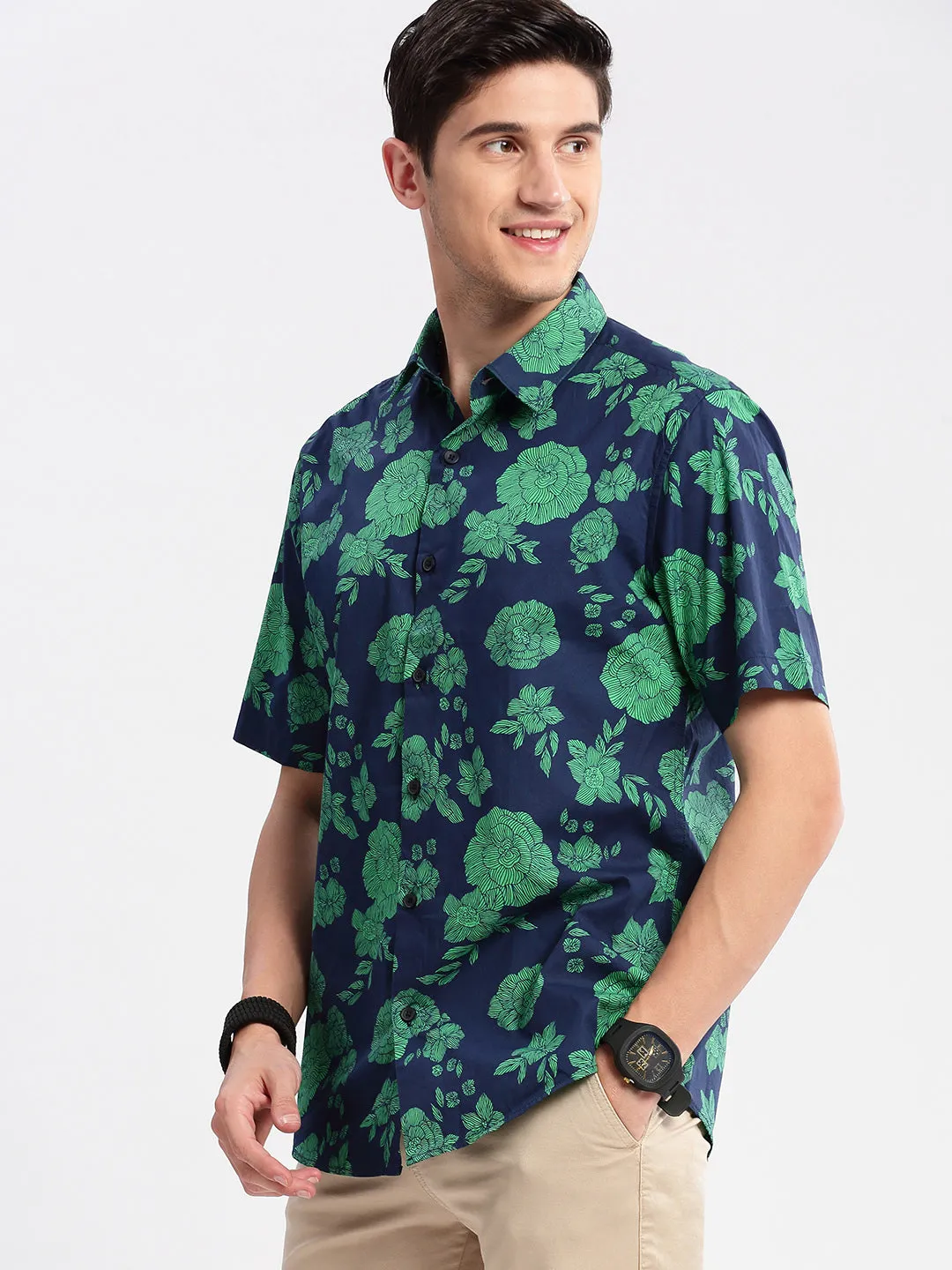Men Navy Blue Standard Slim Fit Floral Printed Cotton Casual Shirt