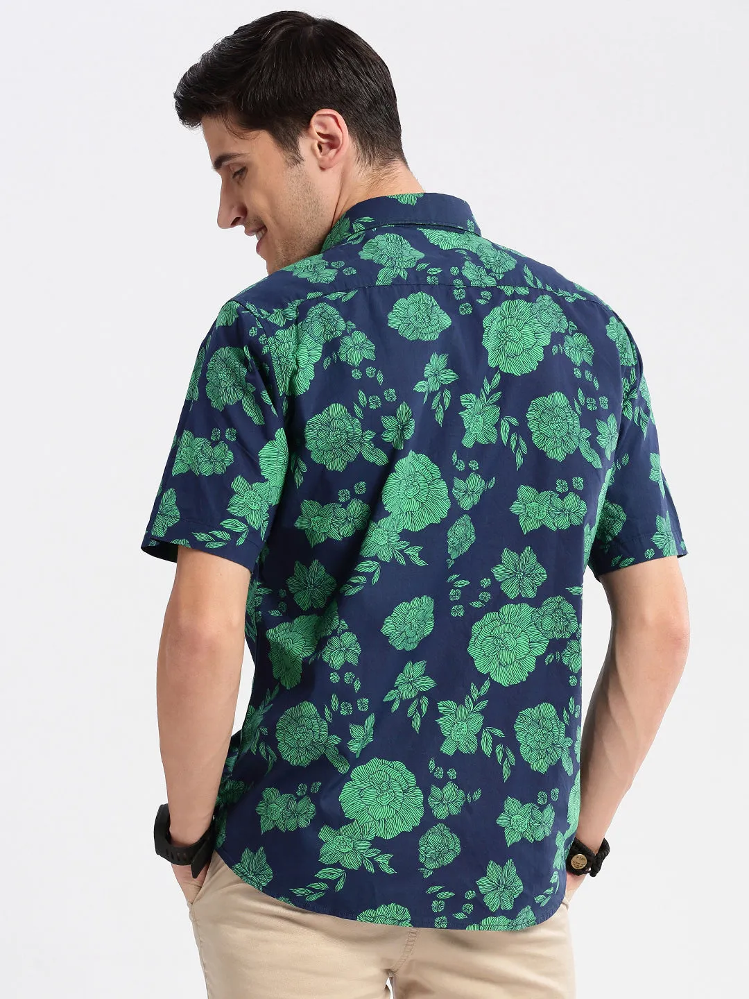 Men Navy Blue Standard Slim Fit Floral Printed Cotton Casual Shirt