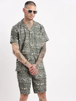 Men Printed Geometric Cuban Collar Green Co Ords Set