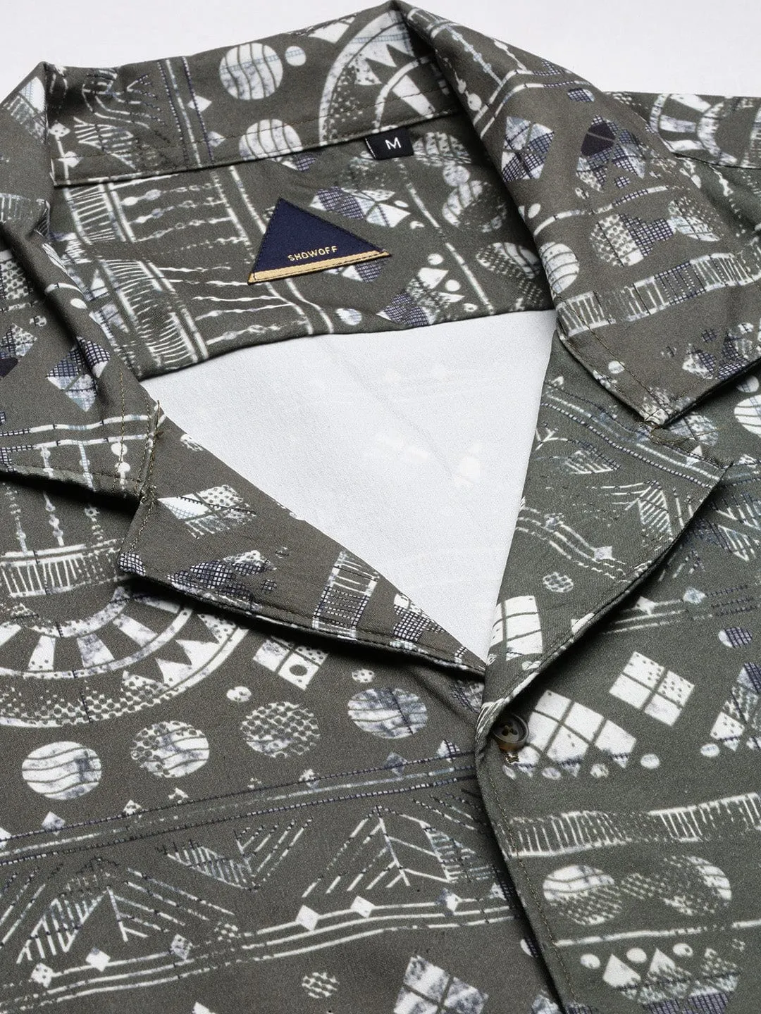 Men Printed Geometric Cuban Collar Green Co Ords Set
