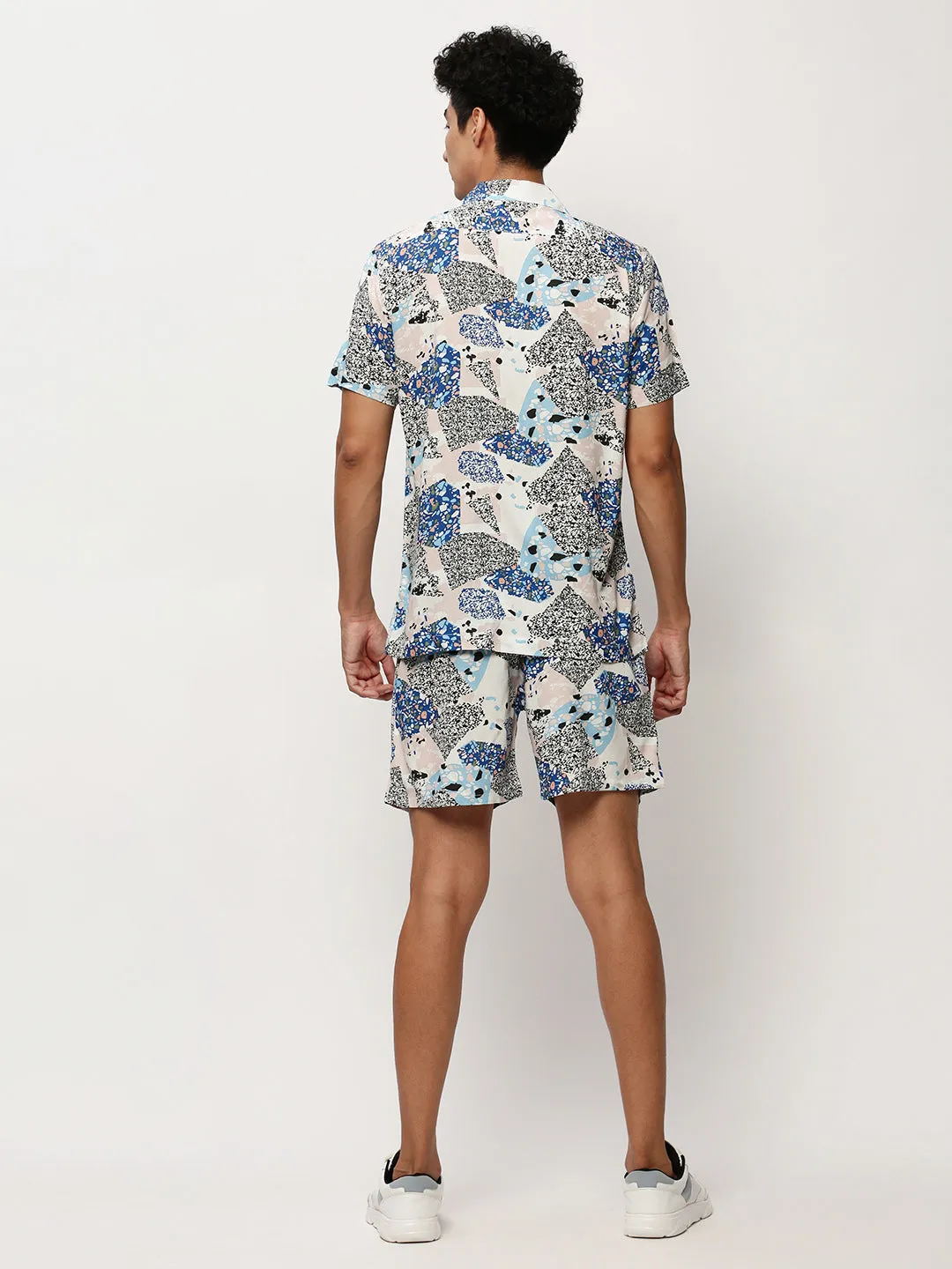 Men White Abstract Printed Co ords Set with Shorts