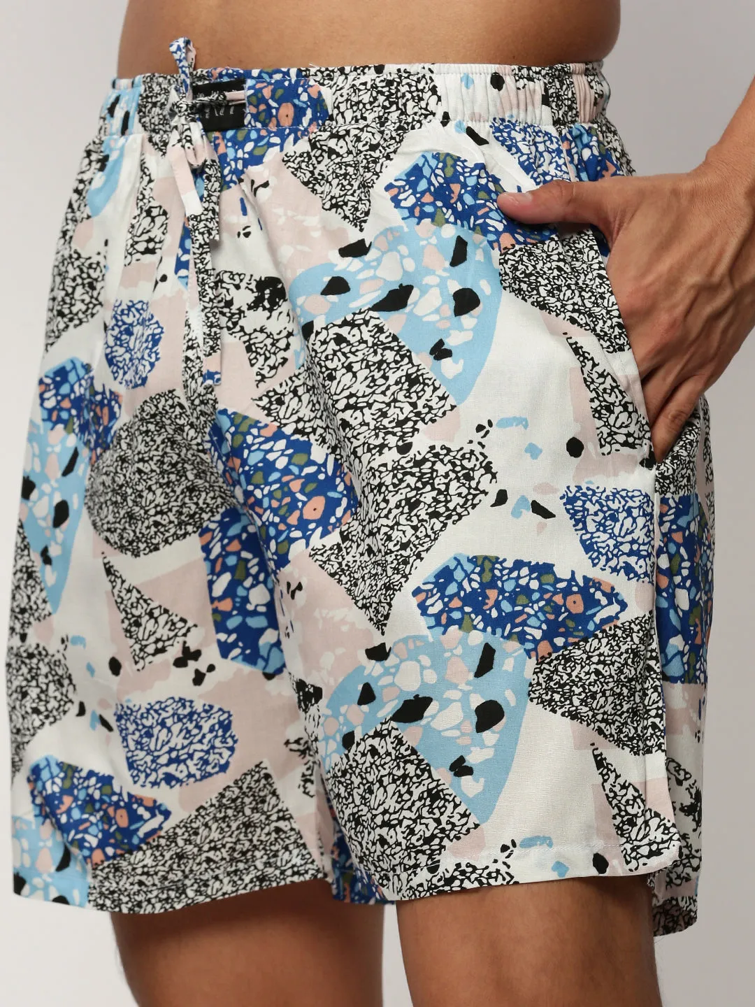 Men White Abstract Printed Co ords Set with Shorts