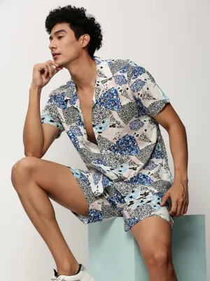 Men White Abstract Printed Co ords Set with Shorts Men White Abstract Printed Co ords Set with Shorts