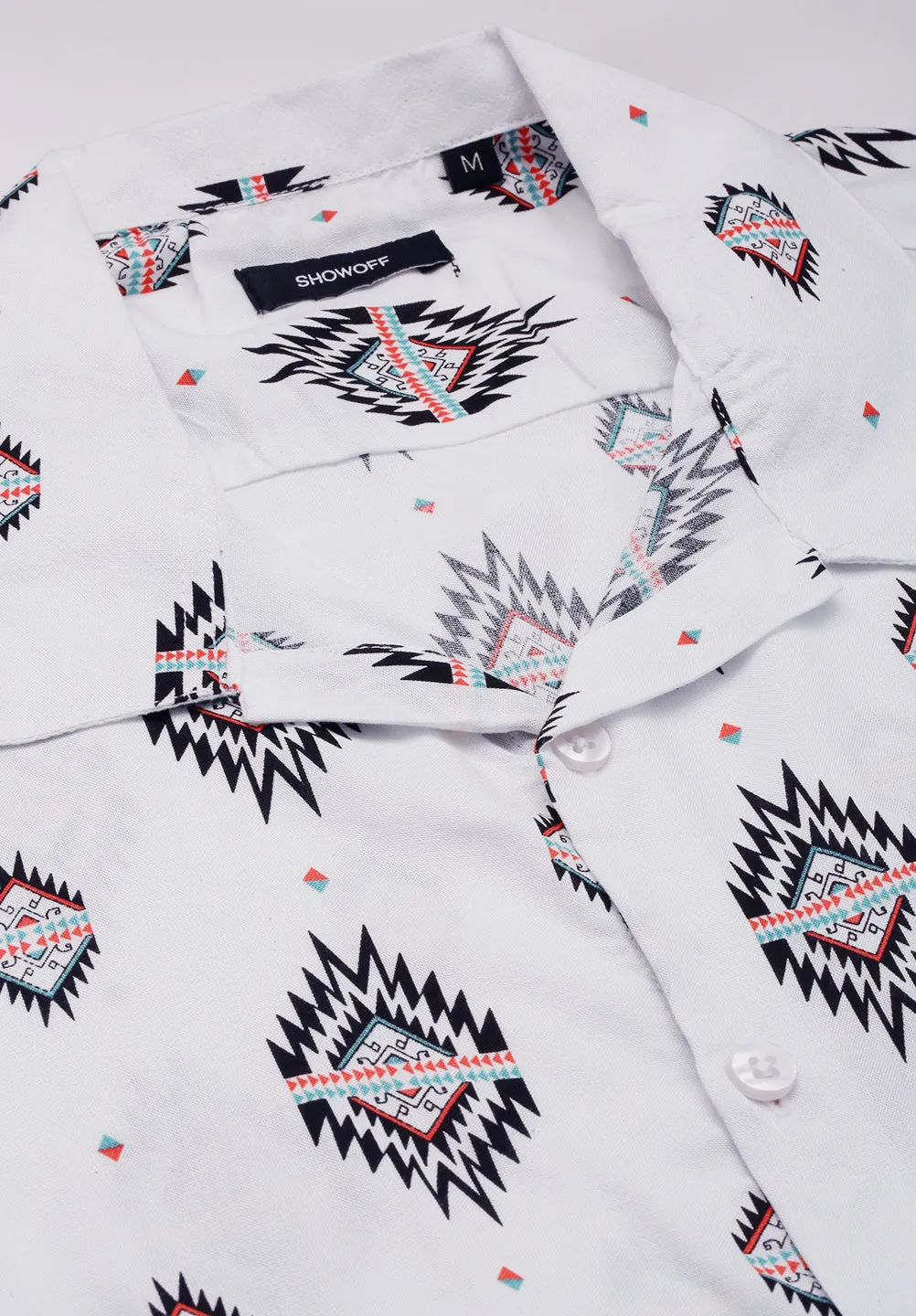 Men White Printed Shirt Collar Slim Fit Co-Ords