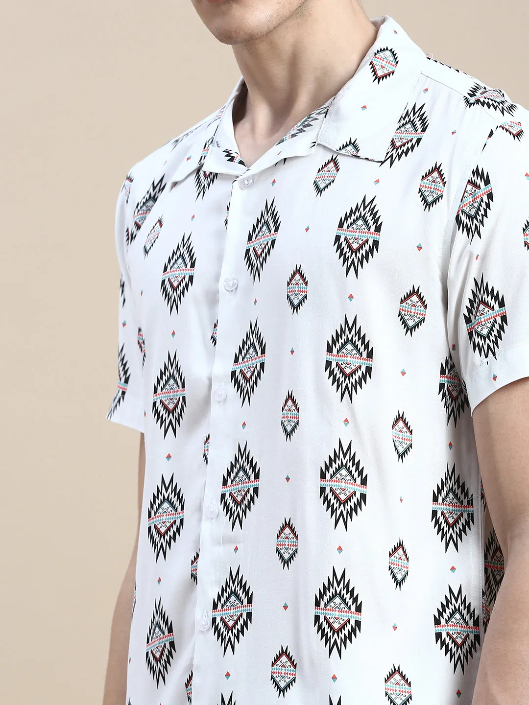 Men White Printed Shirt Collar Slim Fit Co-Ords
