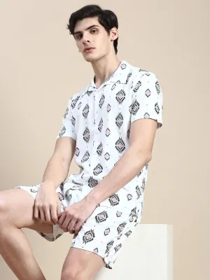 Men White Printed Shirt Collar Slim Fit Co-Ords