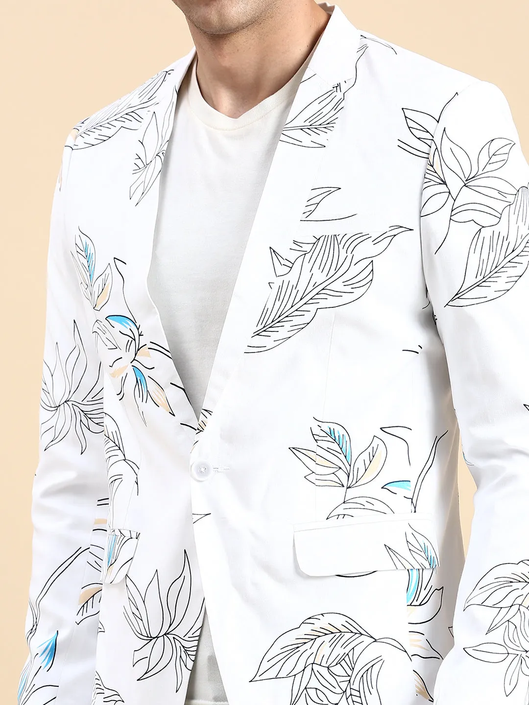 Men White Printed Slim-Fit Single Breasted Blazer