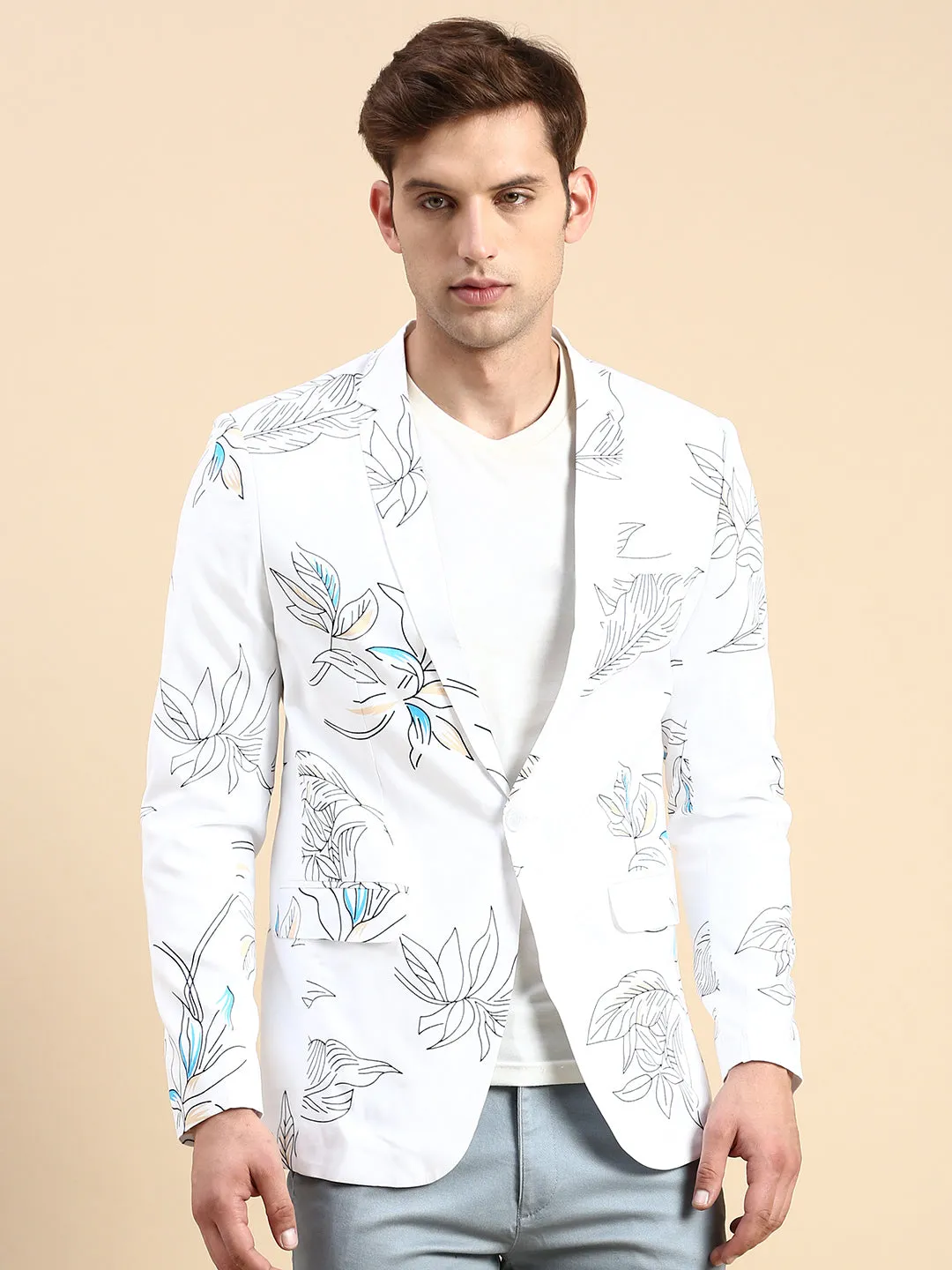 Men White Printed Slim-Fit Single Breasted Blazer
