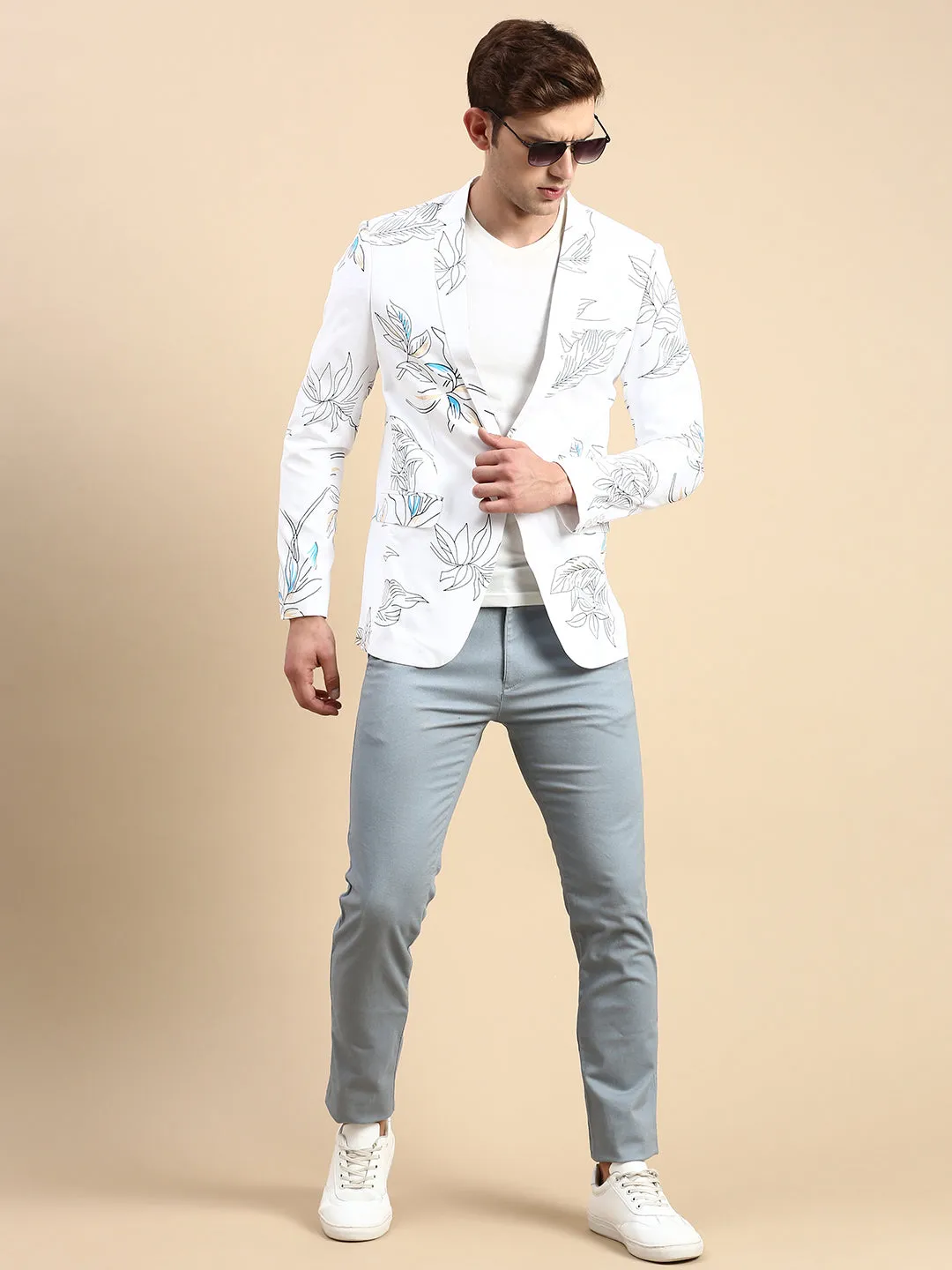 Men White Printed Slim-Fit Single Breasted Blazer
