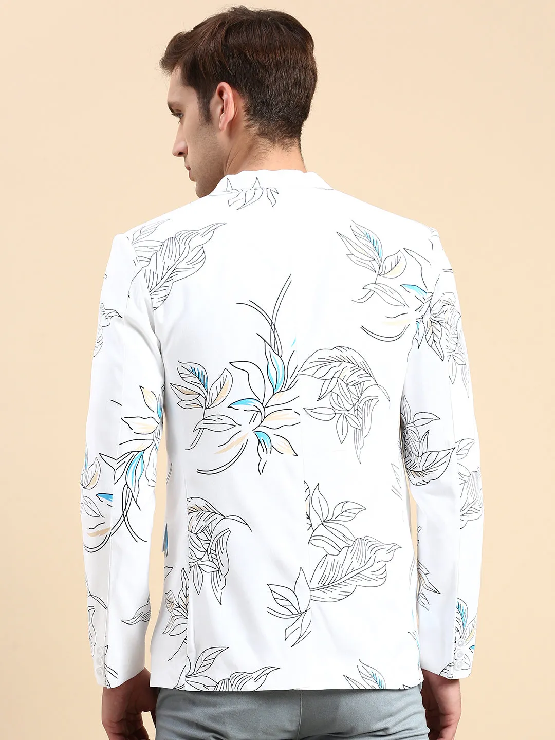 Men White Printed Slim-Fit Single Breasted Blazer