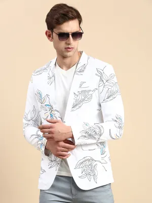 Men White Printed Slim-Fit Single Breasted Blazer
