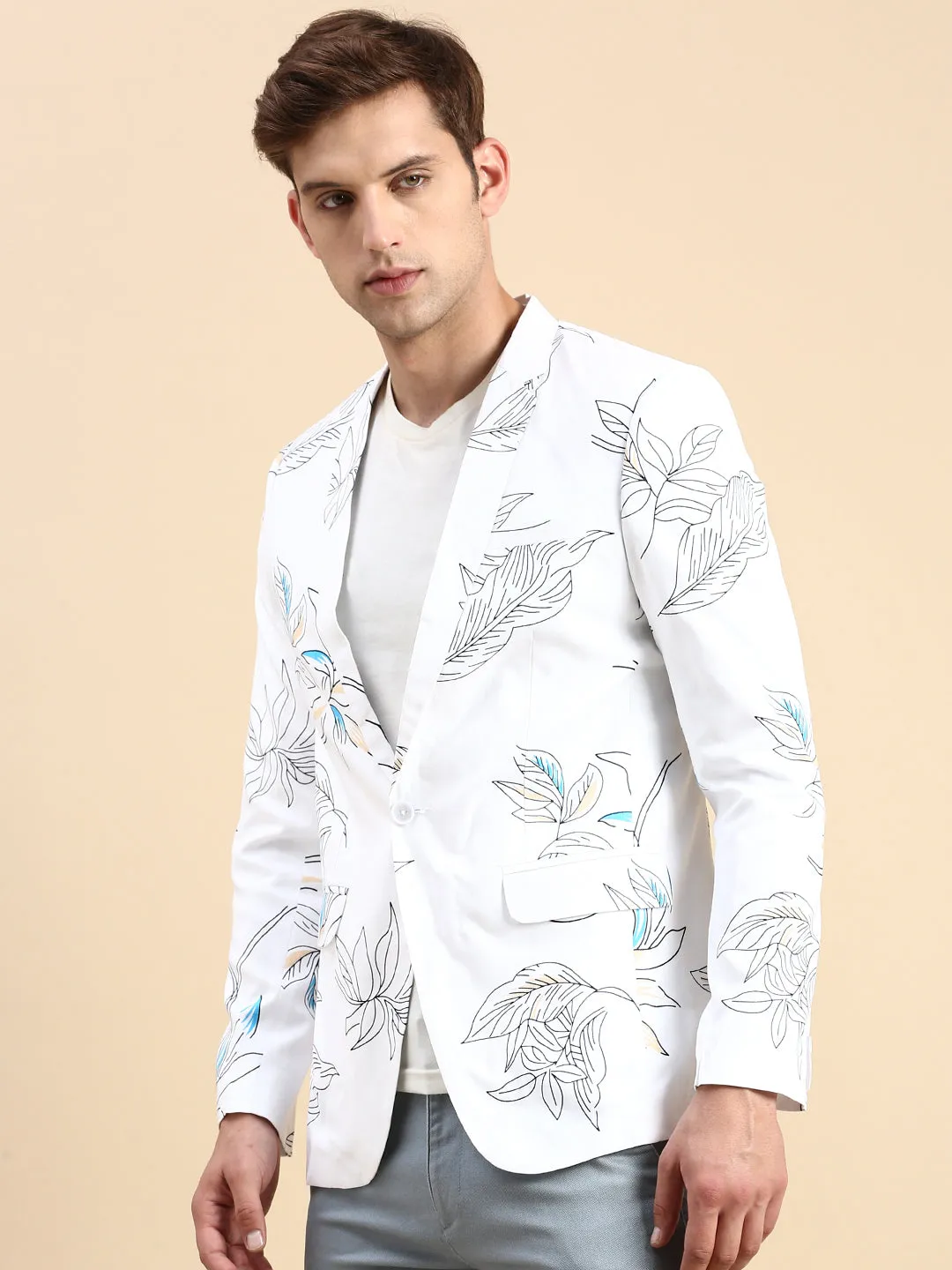 Men White Printed Slim-Fit Single Breasted Blazer