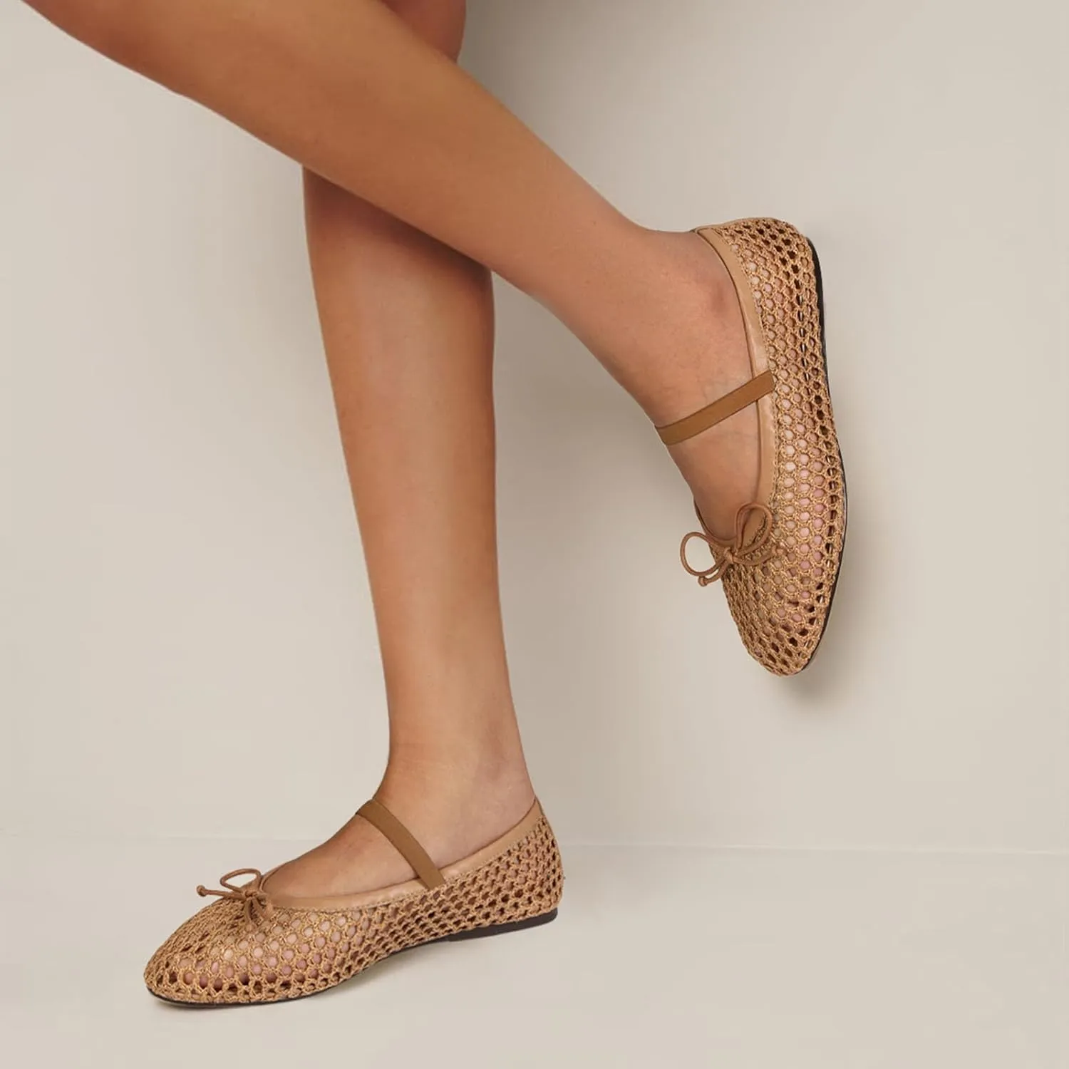 MICIFA Ballet Flats Round Toe Bow Fishnet Mary Jane Flats Dress Wedding Ballerinas Shoes