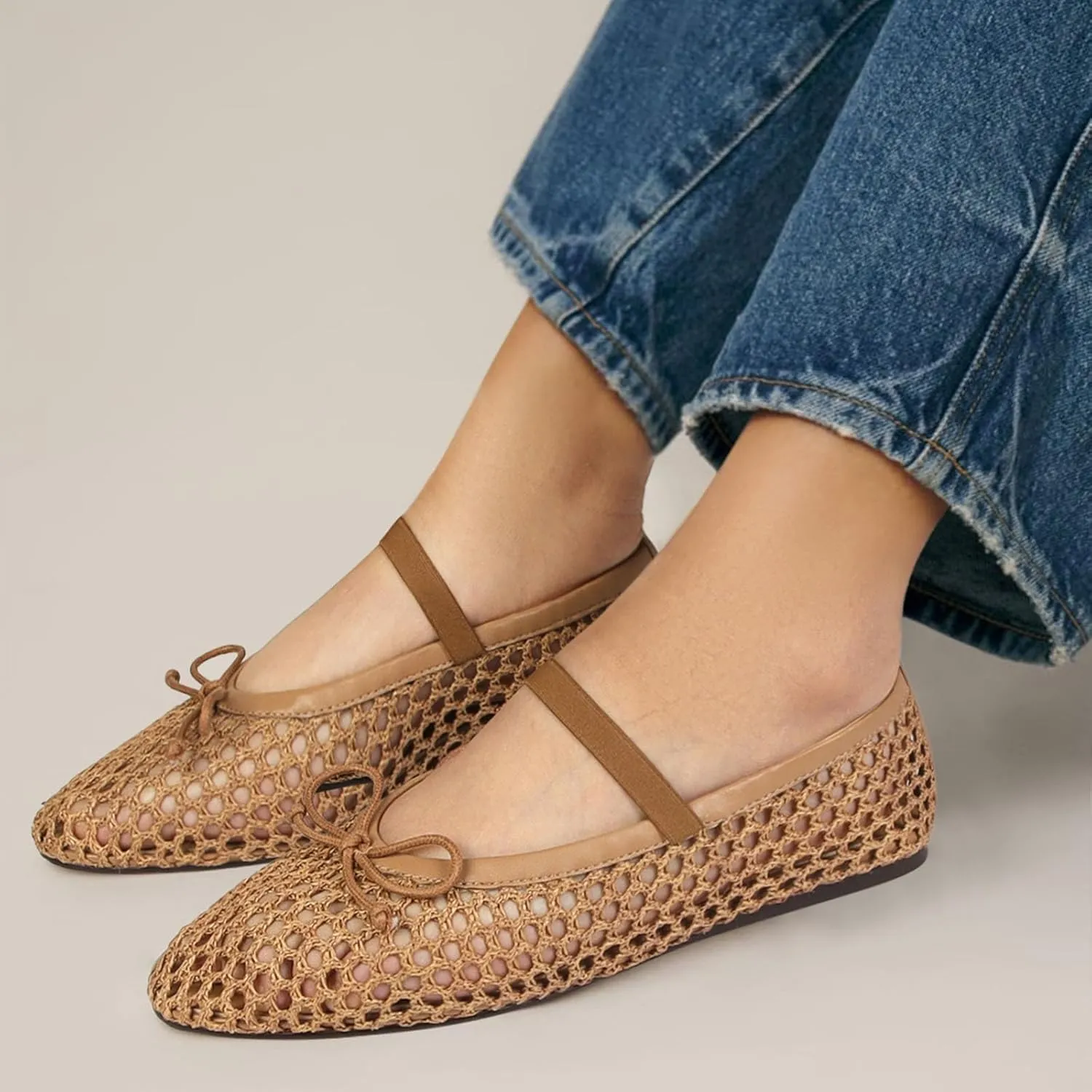MICIFA Ballet Flats Round Toe Bow Fishnet Mary Jane Flats Dress Wedding Ballerinas Shoes