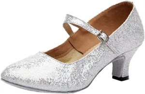 Mid-High Heels Glitter Dance Shoes Women Ballroom Latin Tango Dance Shoes Sandals Flat (White, 5)