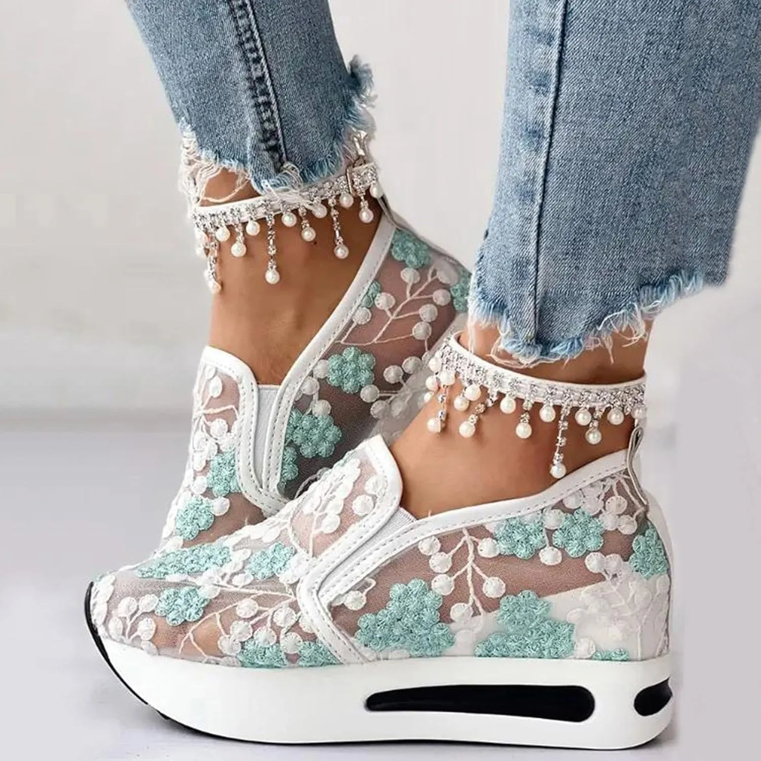 Platform Wedge Shoes for Women Breathable Floral Embroidery Shoes Dressy Casual Chunky Sole Sneakers Sheer Mesh High Heel Tennis Shoe Comfortable Walking Shoe