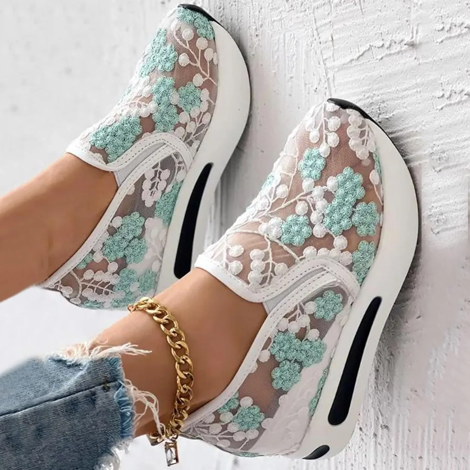 Platform Wedge Shoes for Women Breathable Floral Embroidery Shoes Dressy Casual Chunky Sole Sneakers Sheer Mesh High Heel Tennis Shoe Comfortable Walking Shoe