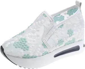 Platform Wedge Shoes for Women Breathable Floral Embroidery Shoes Dressy Casual Chunky Sole Sneakers Sheer Mesh High Heel Tennis Shoe Comfortable Walking Shoe