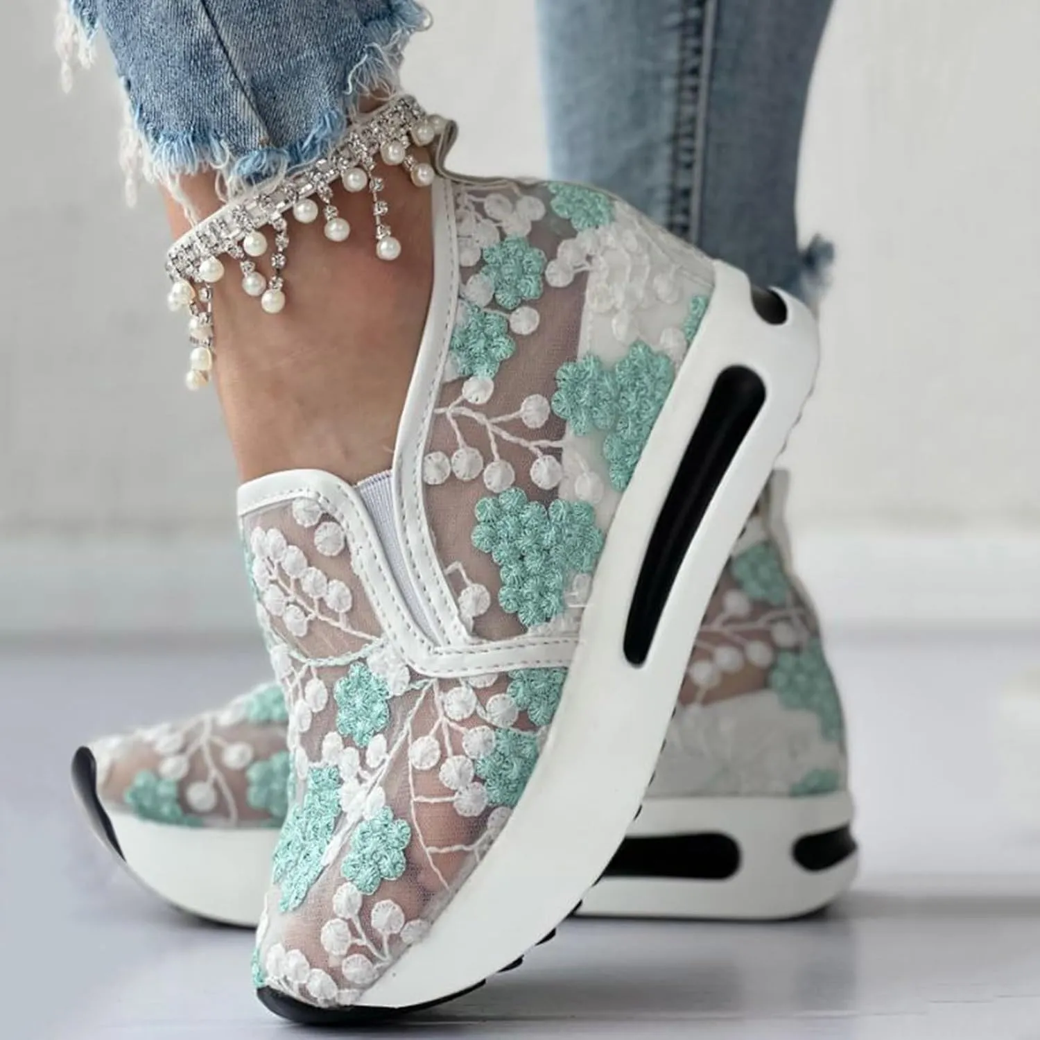 Platform Wedge Shoes for Women Breathable Floral Embroidery Shoes Dressy Casual Chunky Sole Sneakers Sheer Mesh High Heel Tennis Shoe Comfortable Walking Shoe