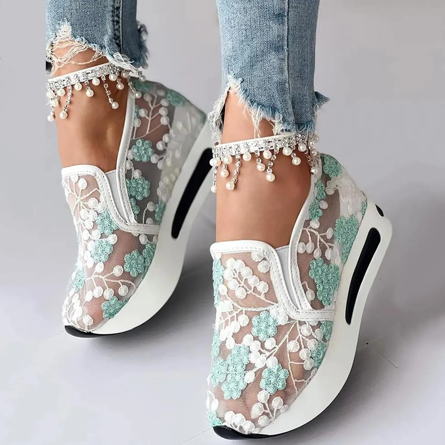 Platform Wedge Shoes for Women Breathable Floral Embroidery Shoes Dressy Casual Chunky Sole Sneakers Sheer Mesh High Heel Tennis Shoe Comfortable Walking Shoe