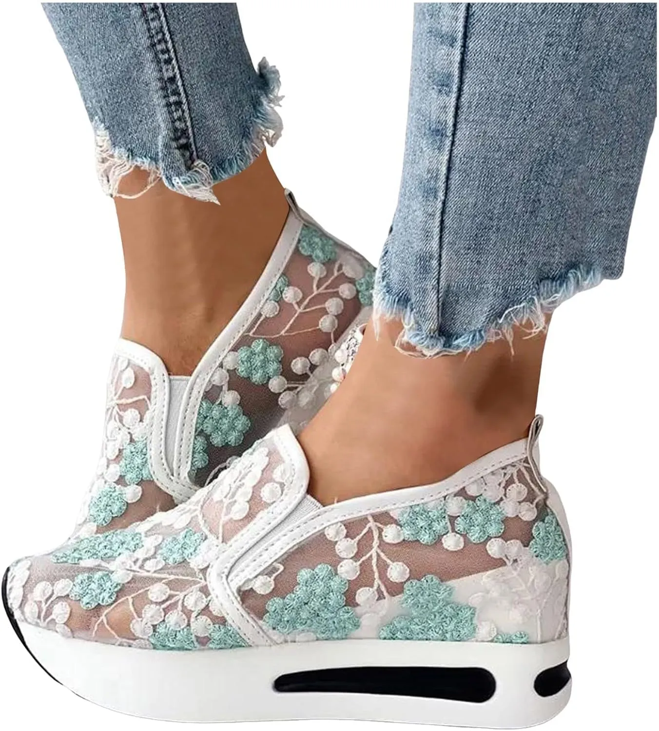 Platform Wedge Shoes for Women Breathable Floral Embroidery Shoes Dressy Casual Chunky Sole Sneakers Sheer Mesh High Heel Tennis Shoe Comfortable Walking Shoe