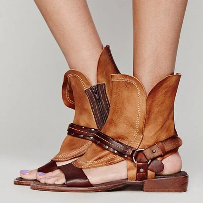 Retro Patchwork Open Toe Cut Out Ankle Boot Flat Beach Sandals