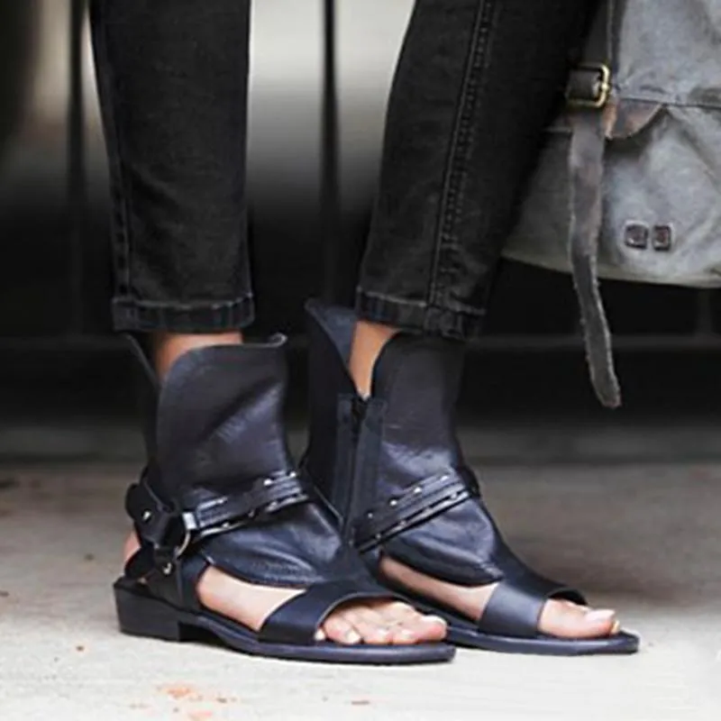 Retro Patchwork Open Toe Cut Out Ankle Boot Flat Beach Sandals