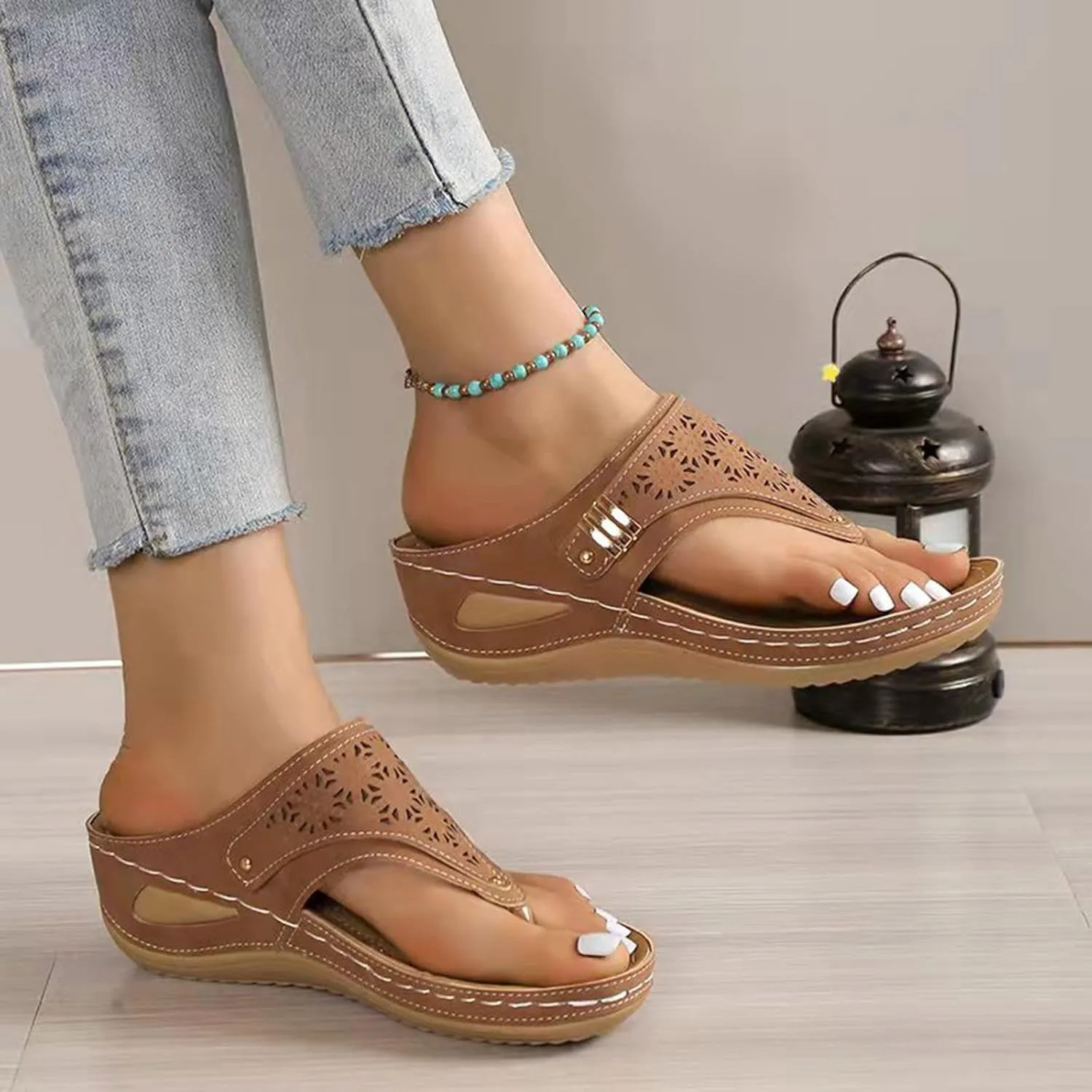 Sandals for Women 2025 Summer Orthopedic Arch Support Wedge Slip on Sandals Casual Beach Walking Wedges Flip Flops