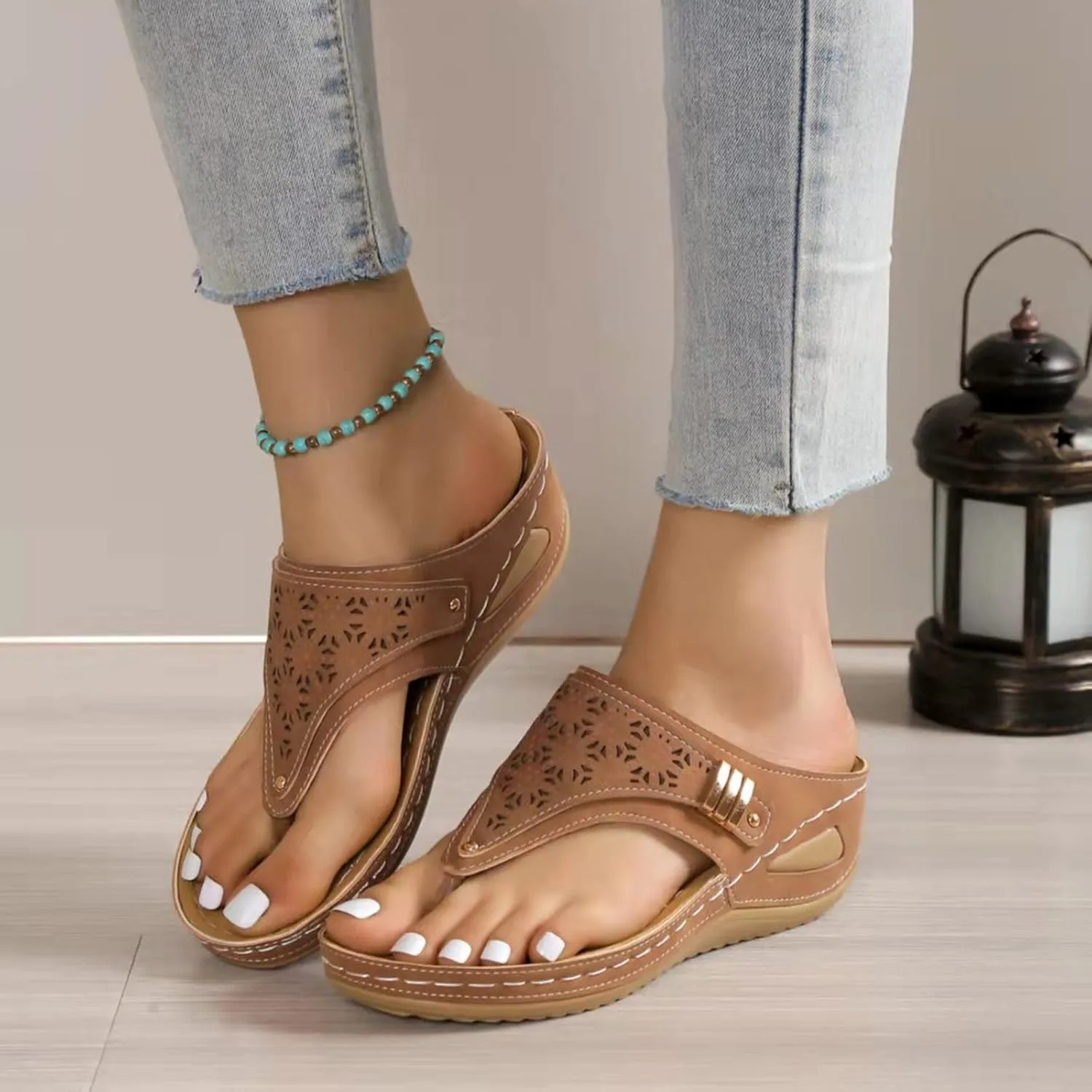 Sandals for Women 2025 Summer Orthopedic Arch Support Wedge Slip on Sandals Casual Beach Walking Wedges Flip Flops