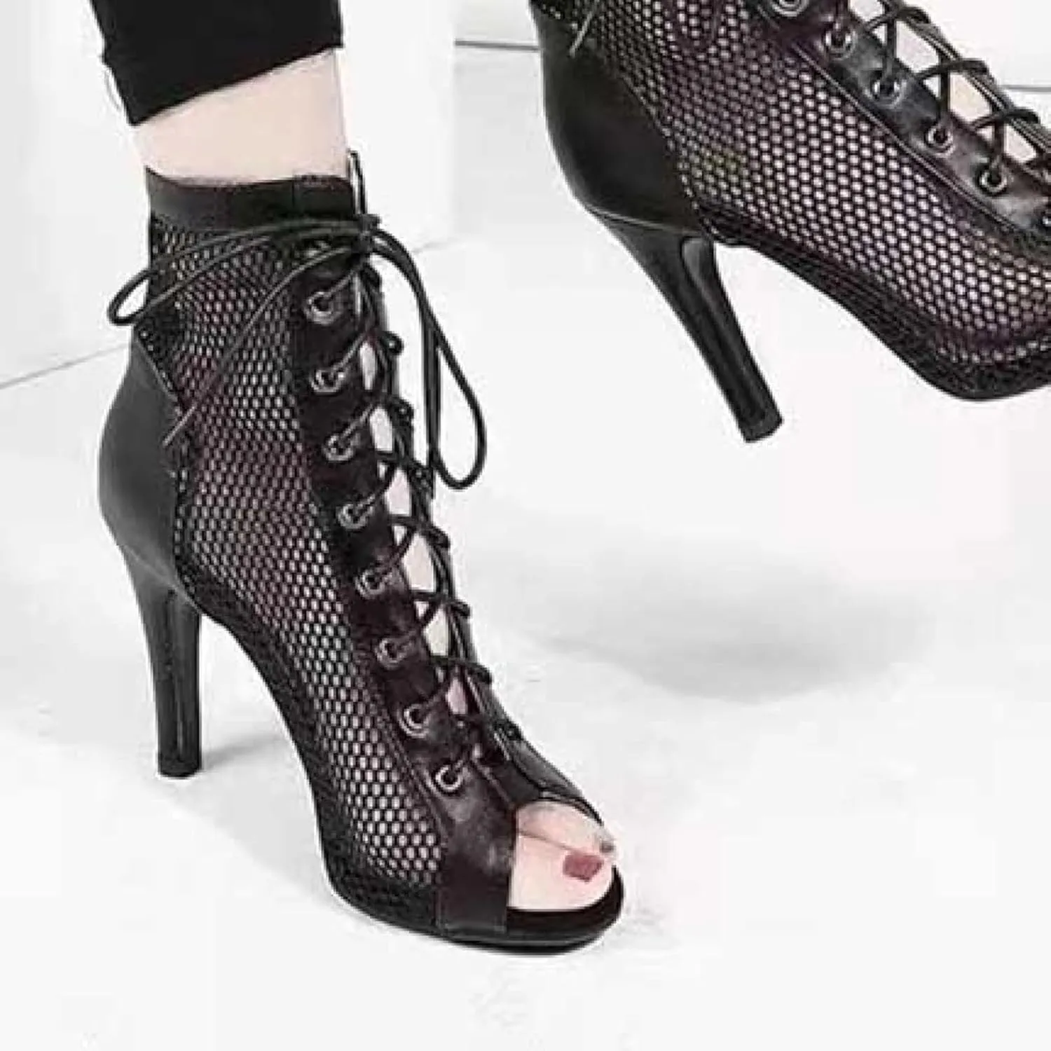 Sandals, Hollow Mesh High-heeled Women's Shoes, Summer Lace up Open Toe Boots, High Heels, Jazz Dance Women's Shoes