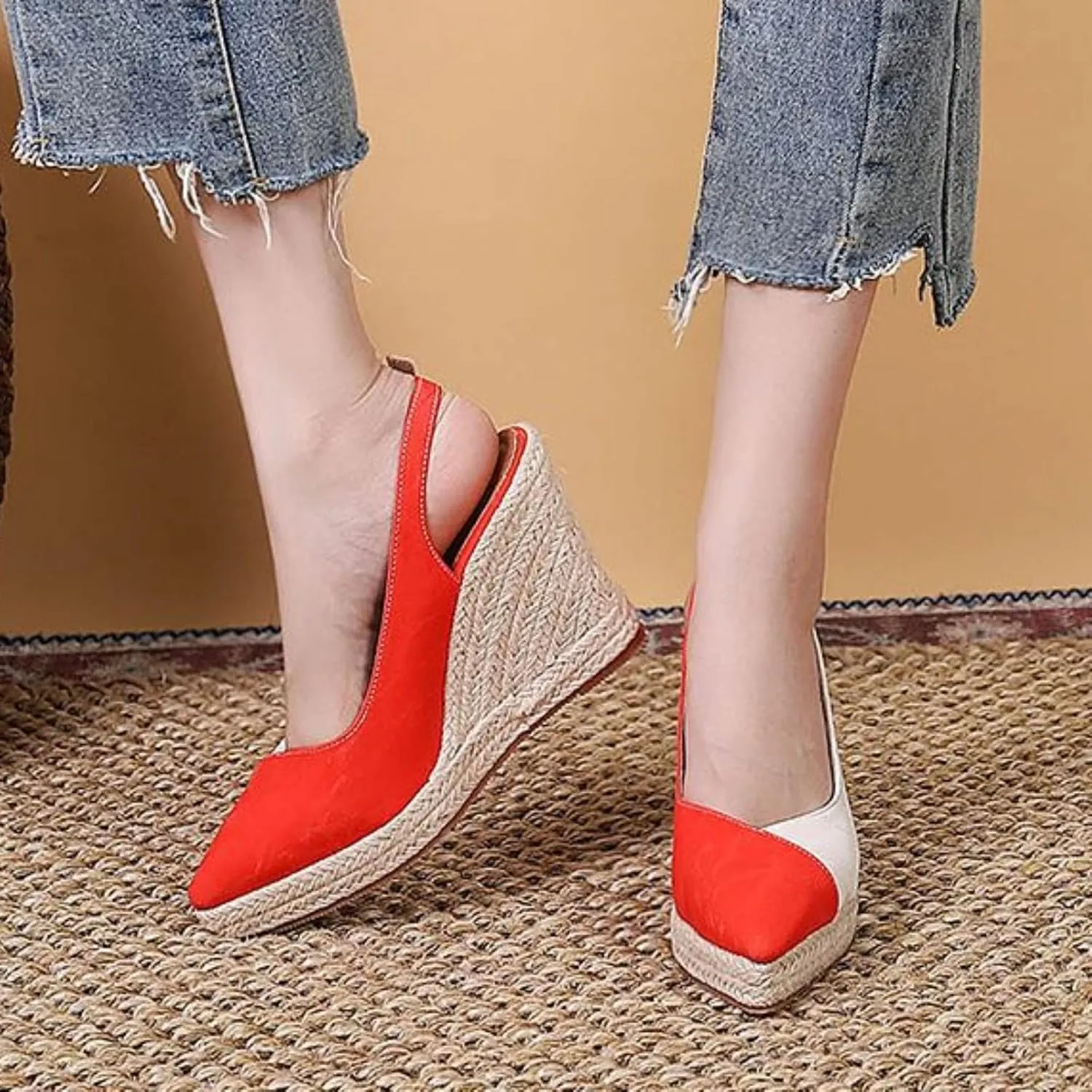 Slope Heeled Thick Sole Pointed Single Shoes Half Lug Color Blocked Back Hollow Straw Woven Rope Sole Go 600
