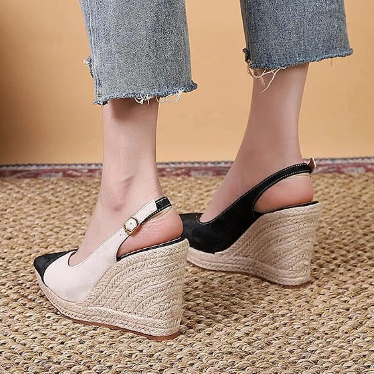 Slope Heeled Thick Sole Pointed Single Shoes Half Lug Color Blocked Back Hollow Straw Woven Rope Sole Go 600