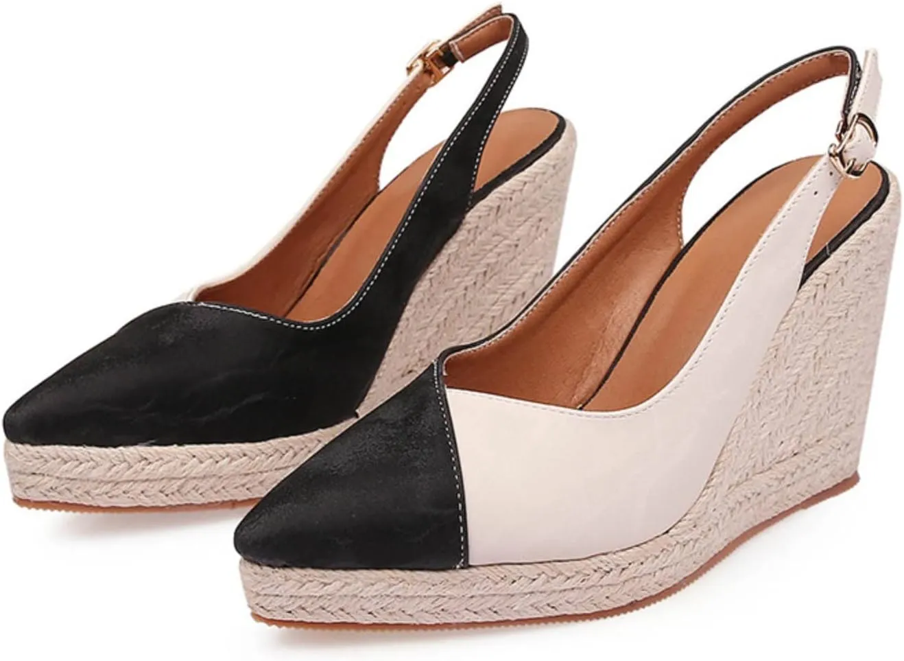 Slope Heeled Thick Sole Pointed Single Shoes Half Lug Color Blocked Back Hollow Straw Woven Rope Sole Go 600