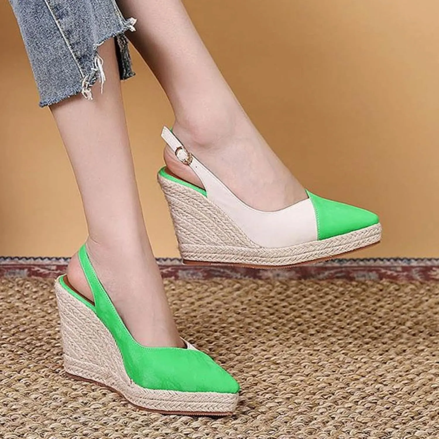 Slope Heeled Thick Sole Pointed Single Shoes Half Lug Color Blocked Back Hollow Straw Woven Rope Sole Go 600