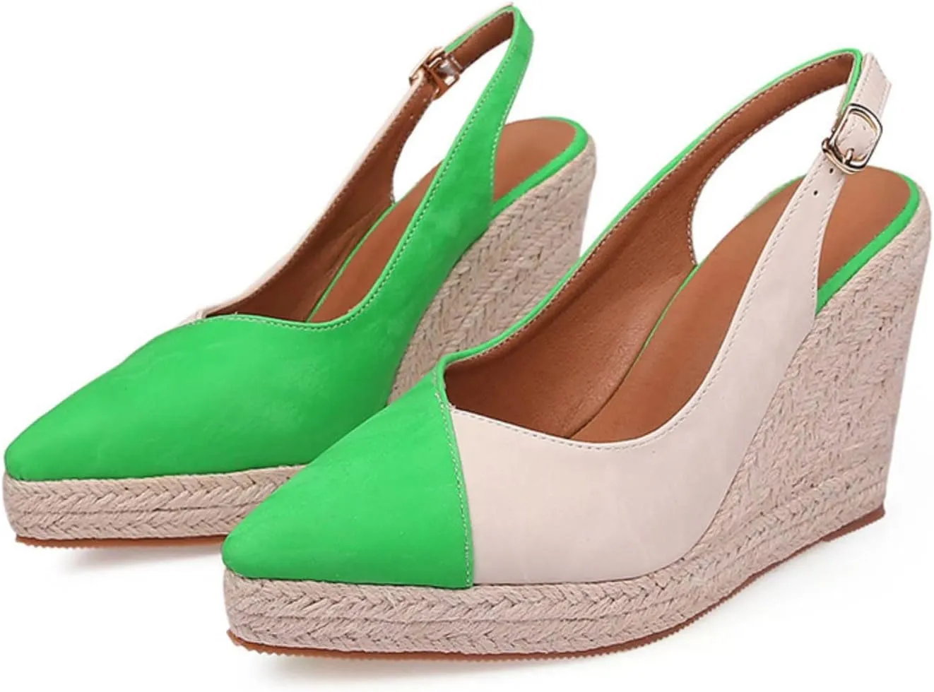Slope Heeled Thick Sole Pointed Single Shoes Half Lug Color Blocked Back Hollow Straw Woven Rope Sole Go 600