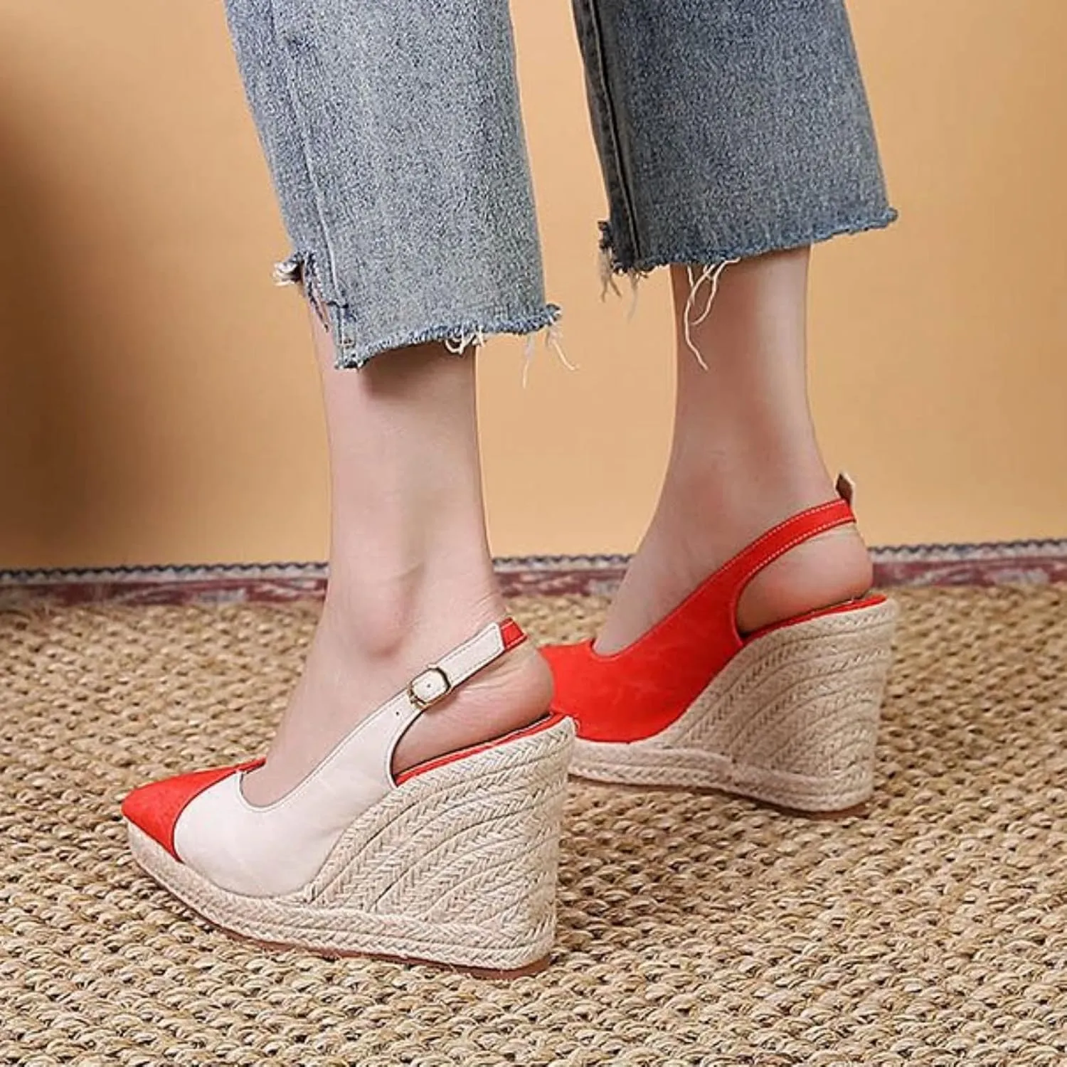 Slope Heeled Thick Sole Pointed Single Shoes Half Lug Color Blocked Back Hollow Straw Woven Rope Sole Go 600