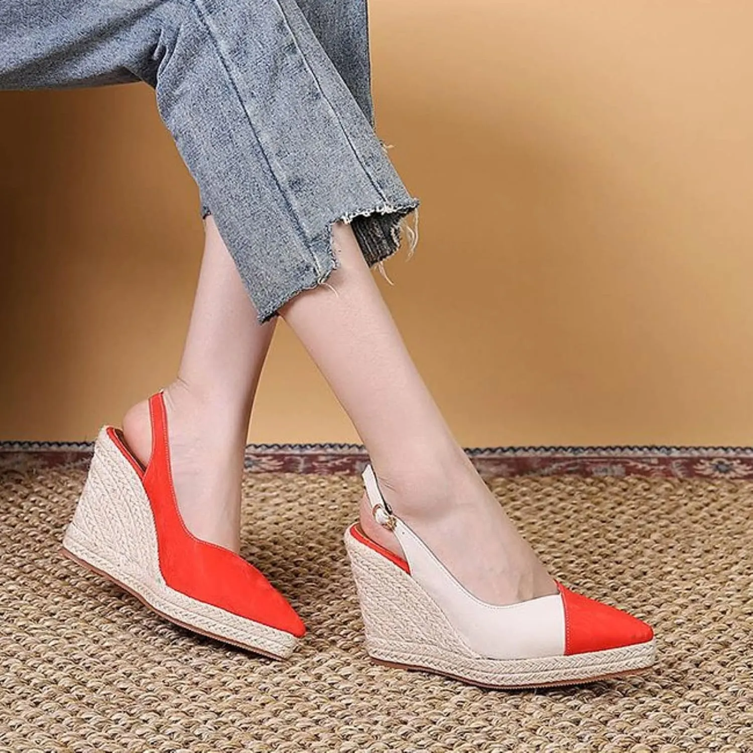 Slope Heeled Thick Sole Pointed Single Shoes Half Lug Color Blocked Back Hollow Straw Woven Rope Sole Go 600