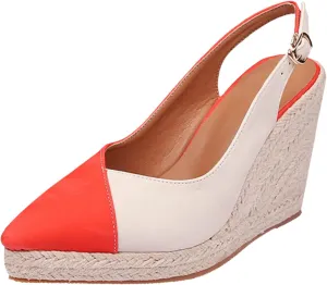 Slope Heeled Thick Sole Pointed Single Shoes Half Lug Color Blocked Back Hollow Straw Woven Rope Sole Go 600