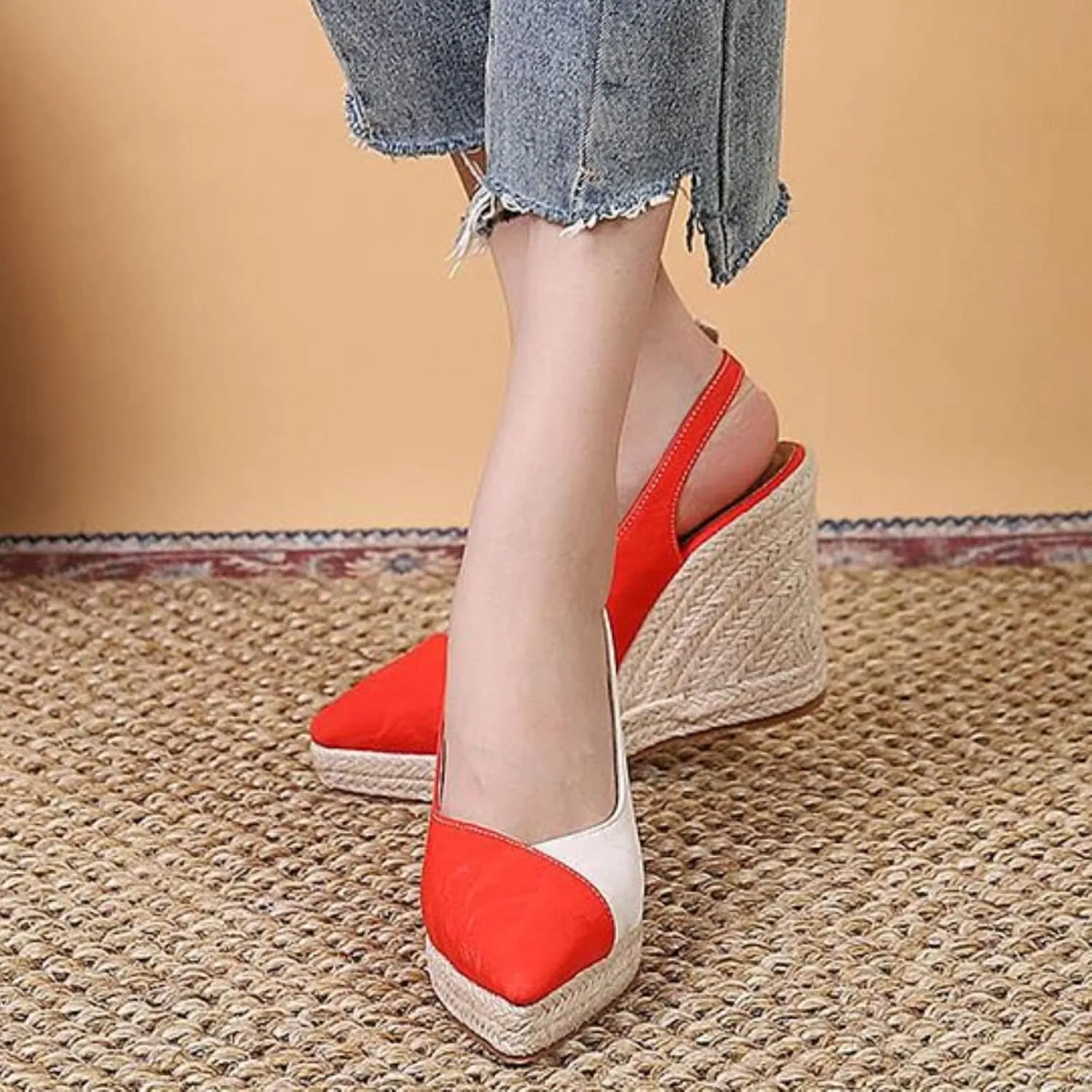 Slope Heeled Thick Sole Pointed Single Shoes Half Lug Color Blocked Back Hollow Straw Woven Rope Sole Go 600