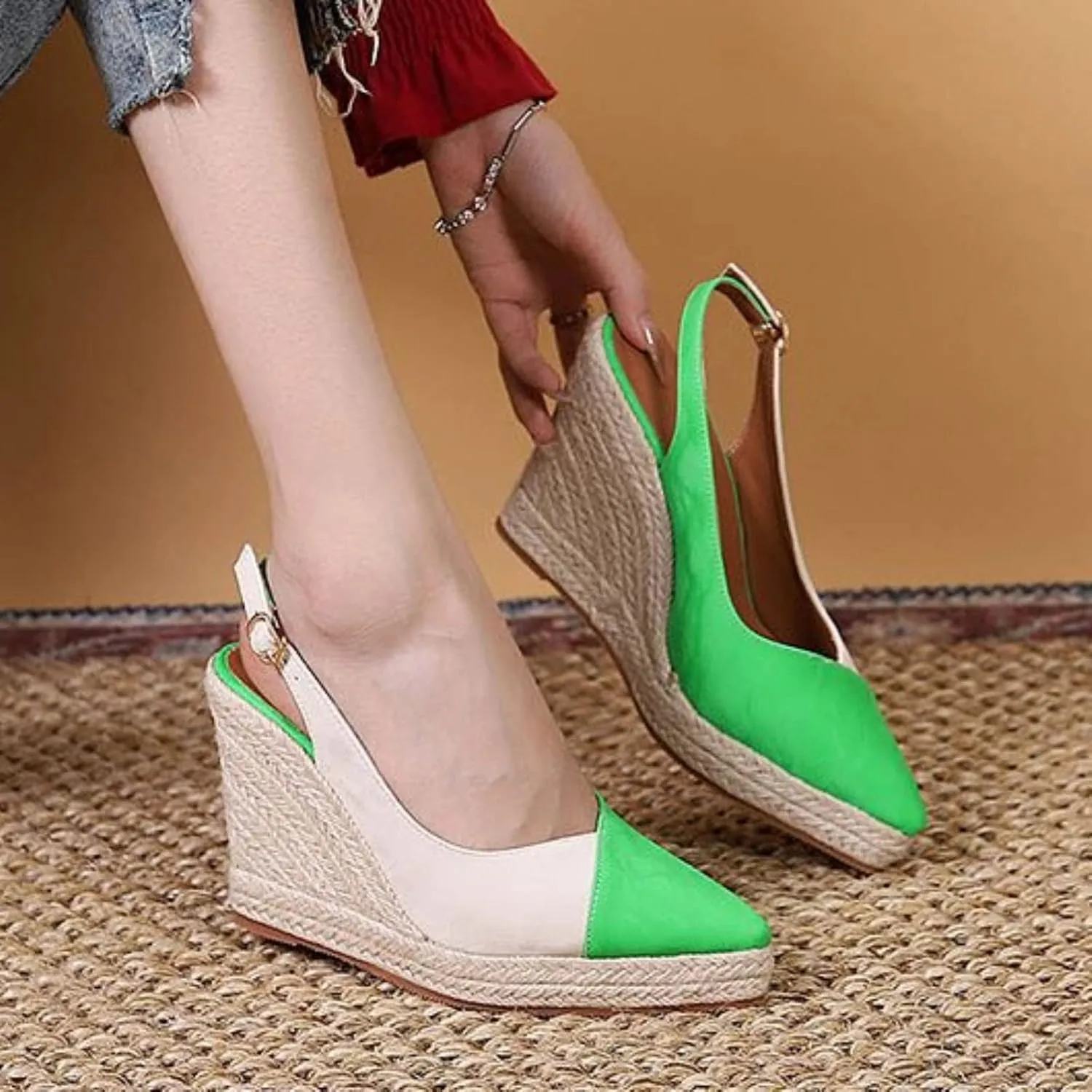 Slope Heeled Thick Sole Pointed Single Shoes Half Lug Color Blocked Back Hollow Straw Woven Rope Sole Go 600