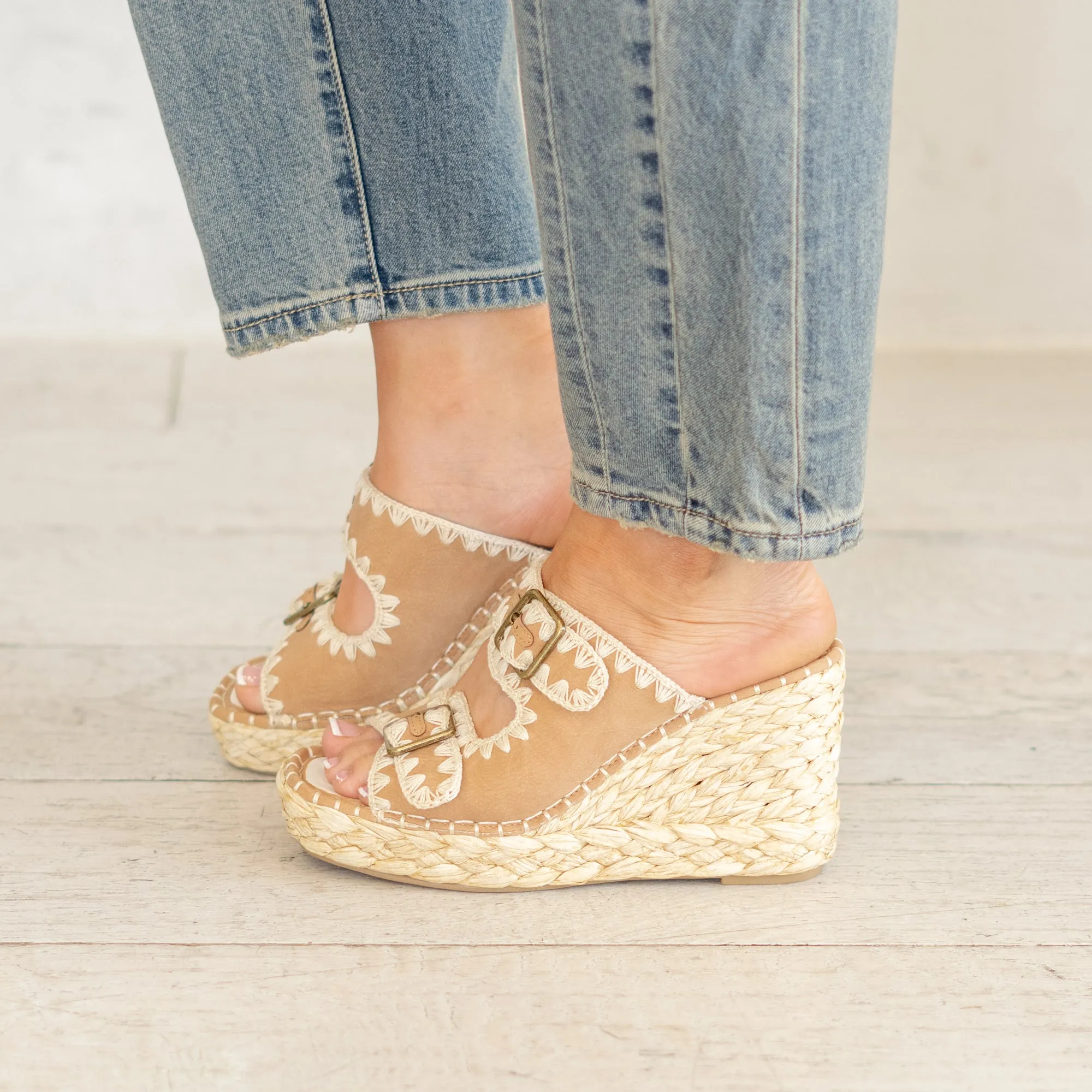 The Rae Embroidered Espadrille Wedges - Camel