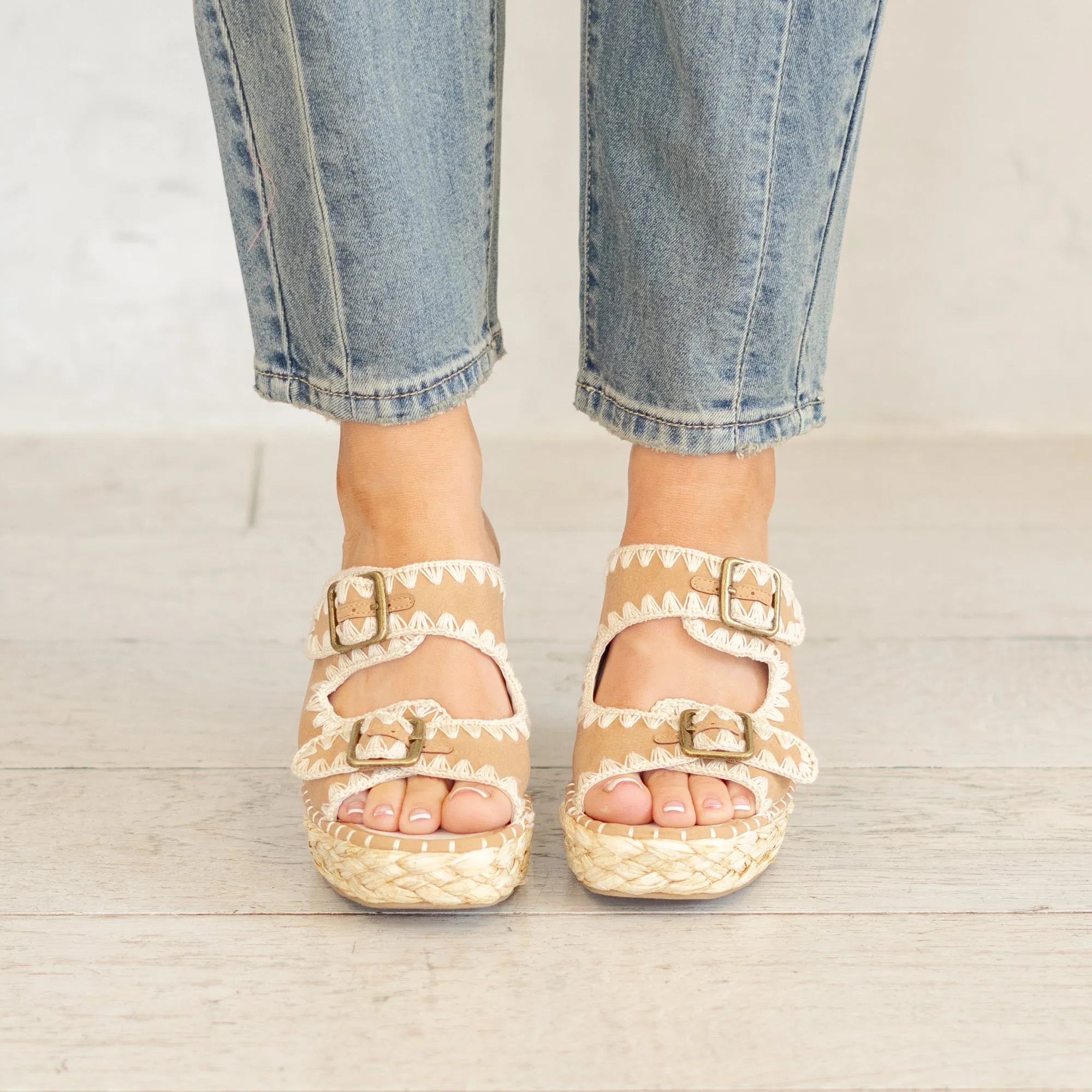 The Rae Embroidered Espadrille Wedges - Camel