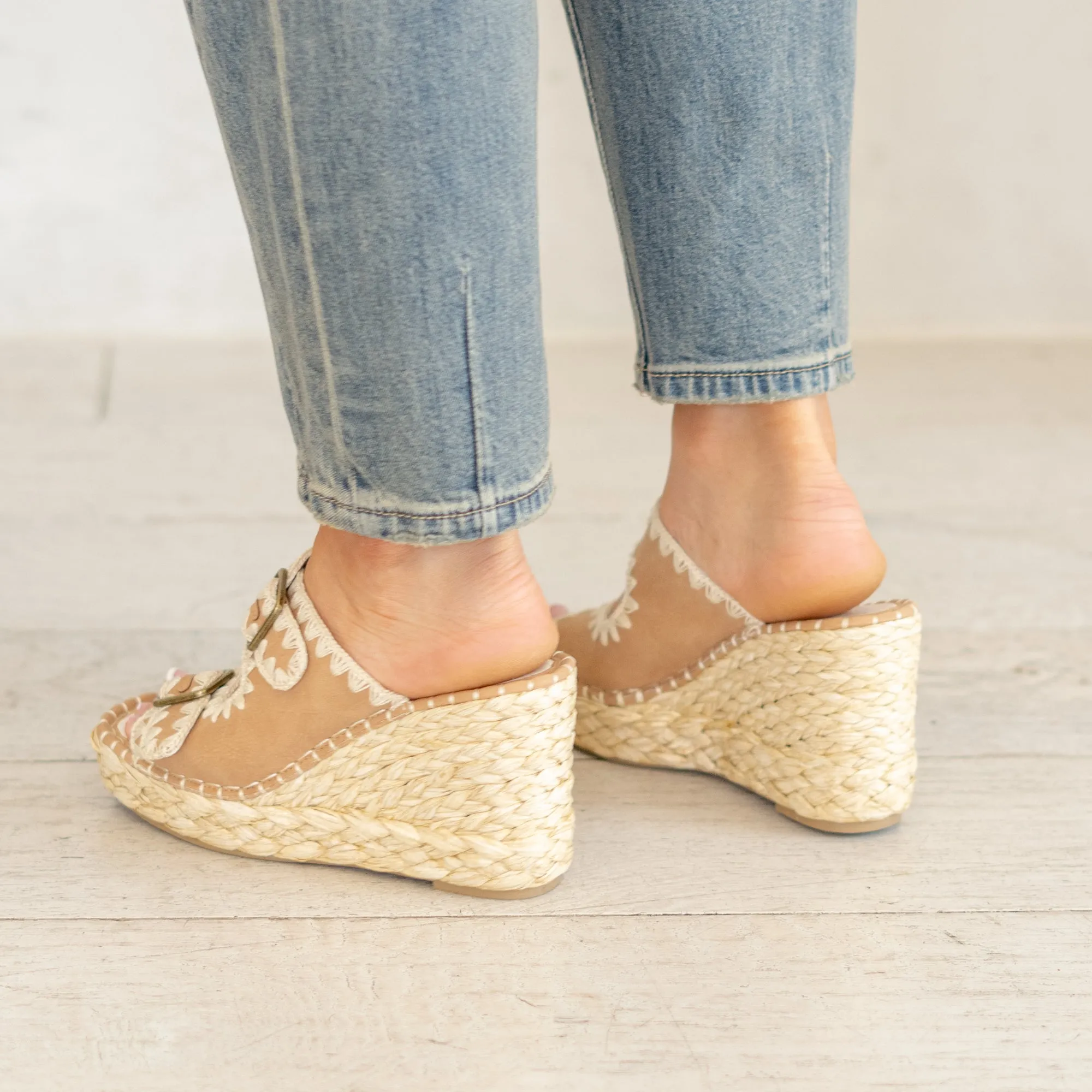 The Rae Embroidered Espadrille Wedges - Camel