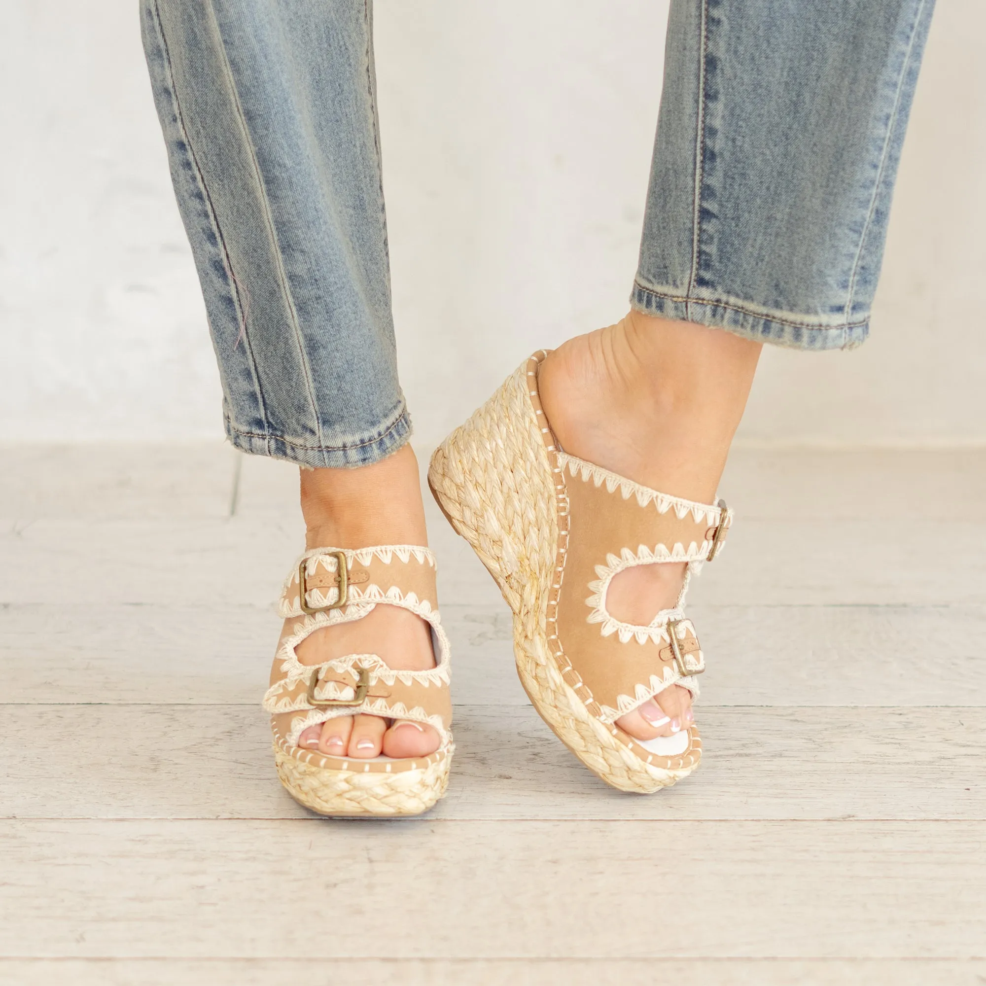 The Rae Embroidered Espadrille Wedges - Camel