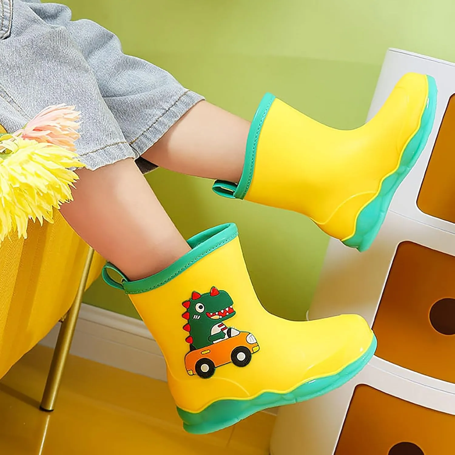 Toddler Kids Waterproof Cute Cartoon Dinosaur Printed Rain Boots Patterns Rubber Boots for Little Boys Toddler Shoes