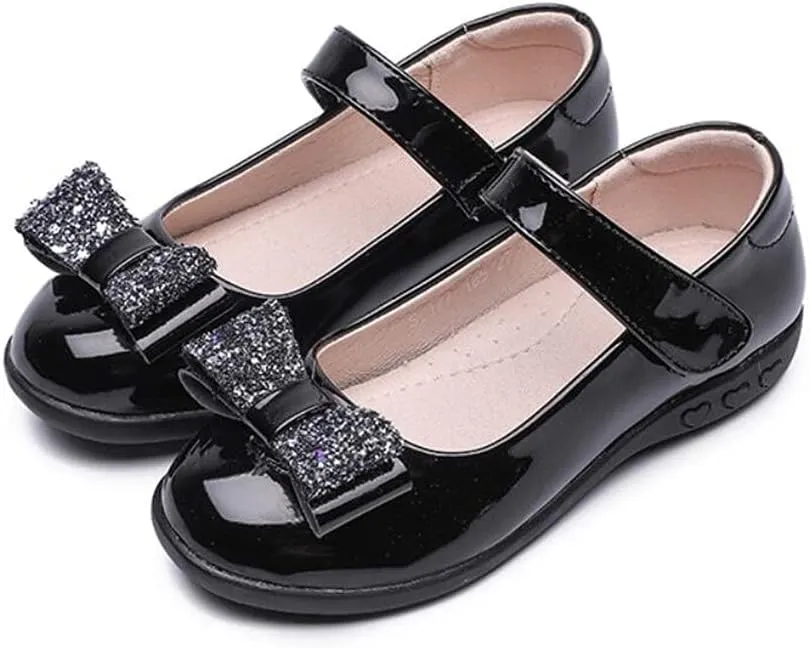 Toddler Little Girl Glitter Bow Mary Jane Ballet Flat Wedding Party Dress Shoes Black School Uniform Flats