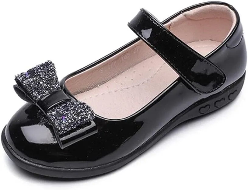 Toddler Little Girl Glitter Bow Mary Jane Ballet Flat Wedding Party Dress Shoes Black School Uniform Flats