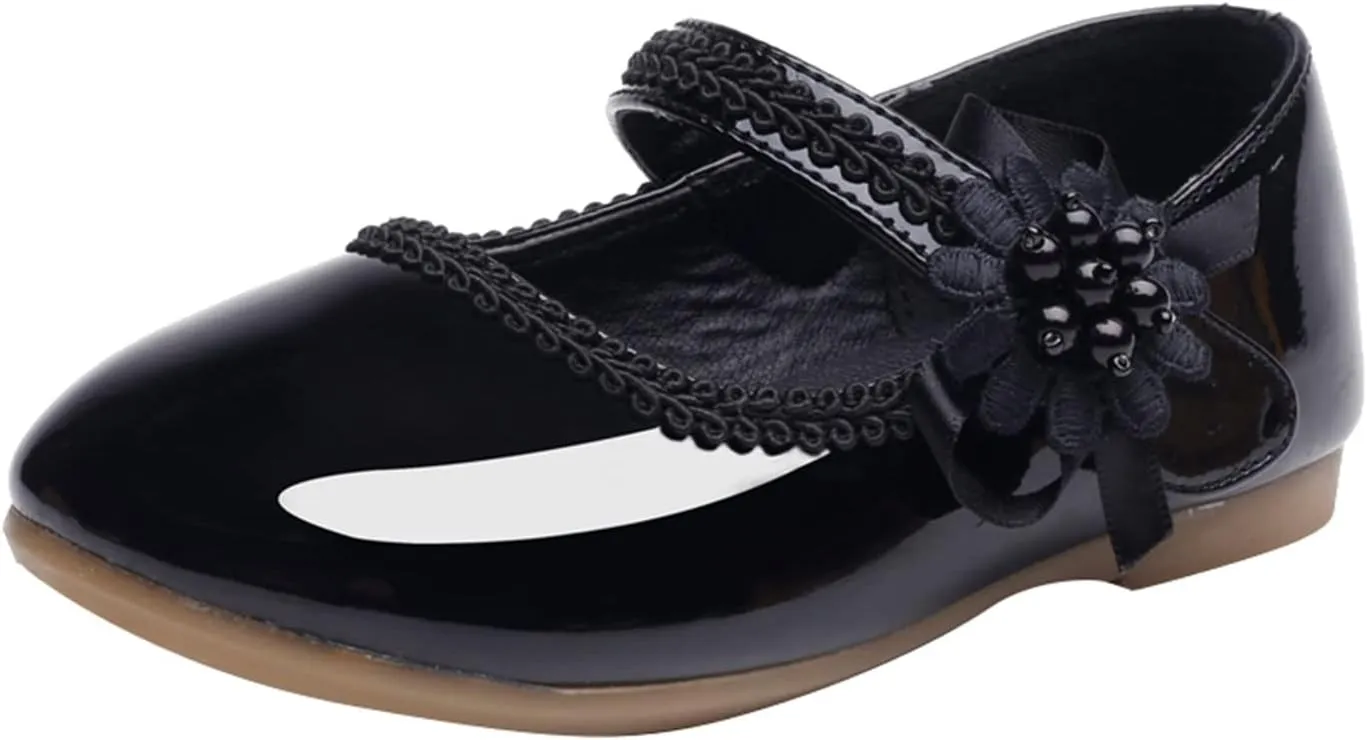 Toddler School Shoes Girls Mary Jane Dress Shoes with Flower Slip-On Casual Ballerina Flat for Wedding, Girls Shoes